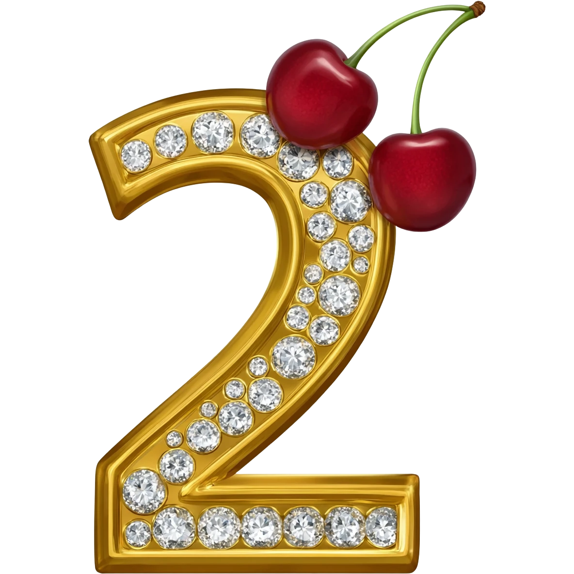 the number "2" in gold and diamond with a double cherry hanging on the number emoji