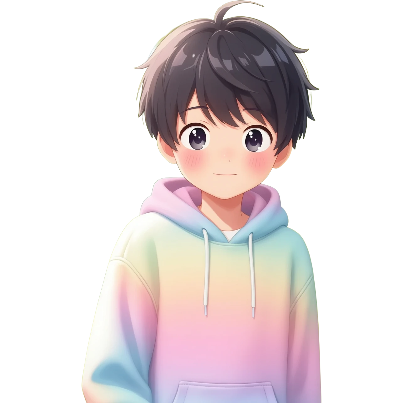 Gorgeous bright sparkly romantic Asian anime pastel guy with blushing face aesthetic trending style outside emoji