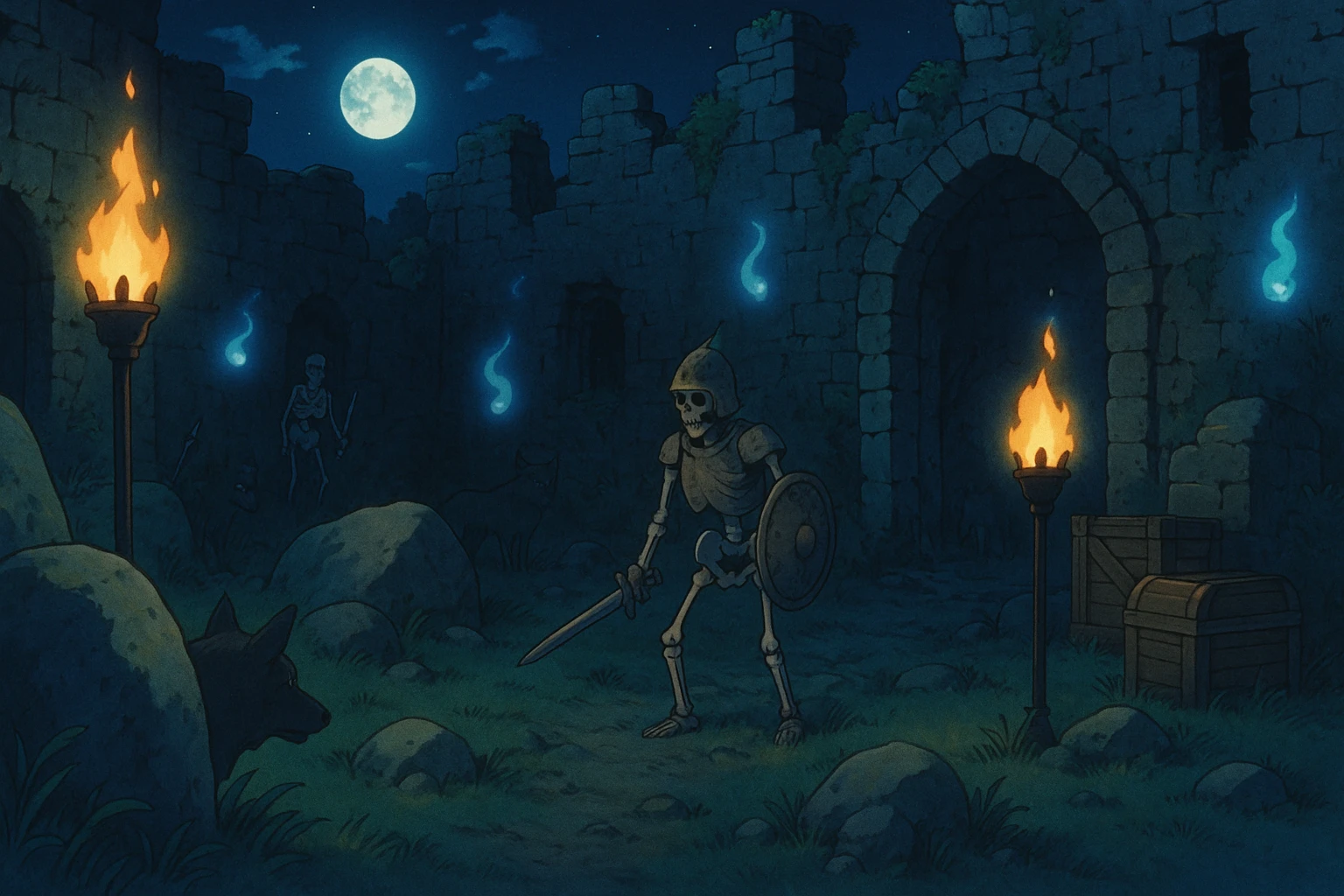midnight within the ruins of abandoned castle yard, protrude boulders, amid iron torches and crates tucked behind, skeleton warriors, wisps, and wolves linger just in the edge of view behind scenery, very subtly, appearing safe with hidden threat emoji