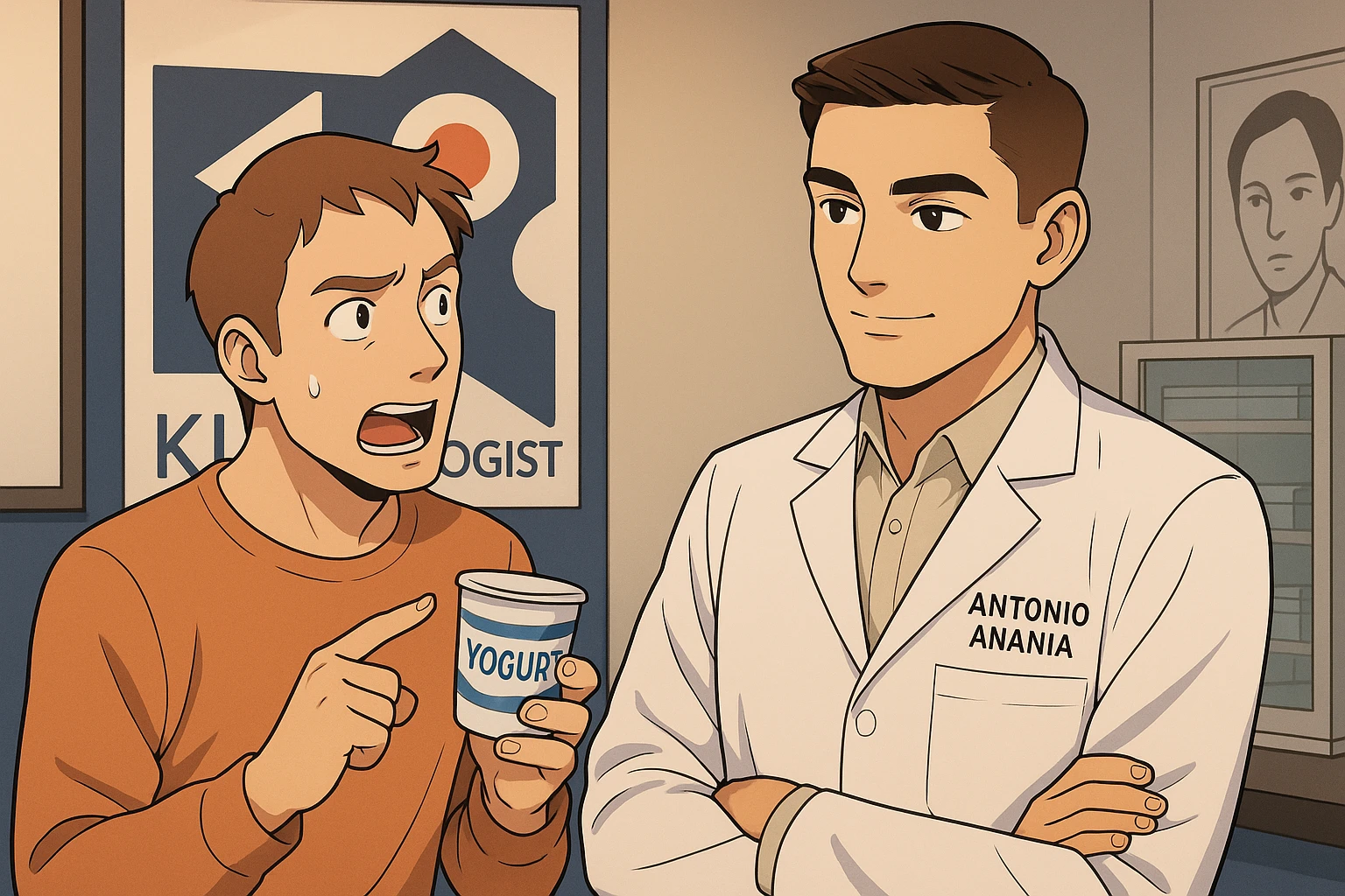 fai un webtoon manga a colori con questo stile, in cui un uomo chiede al kinesiologo con il camice bianco (fagli anche la scritta "ANTONIO ANANIA" SUL CAMICE, una domanda e il kinesiologo gli risponde, L'UOMO INDICA LO YOGURT CHE HA IN MANO ED è MOLTO ALLARMATO NEL FARE LA DOMANDA. non fare i fumetti però, fai solo in modo che sembri stiano parlando emoji