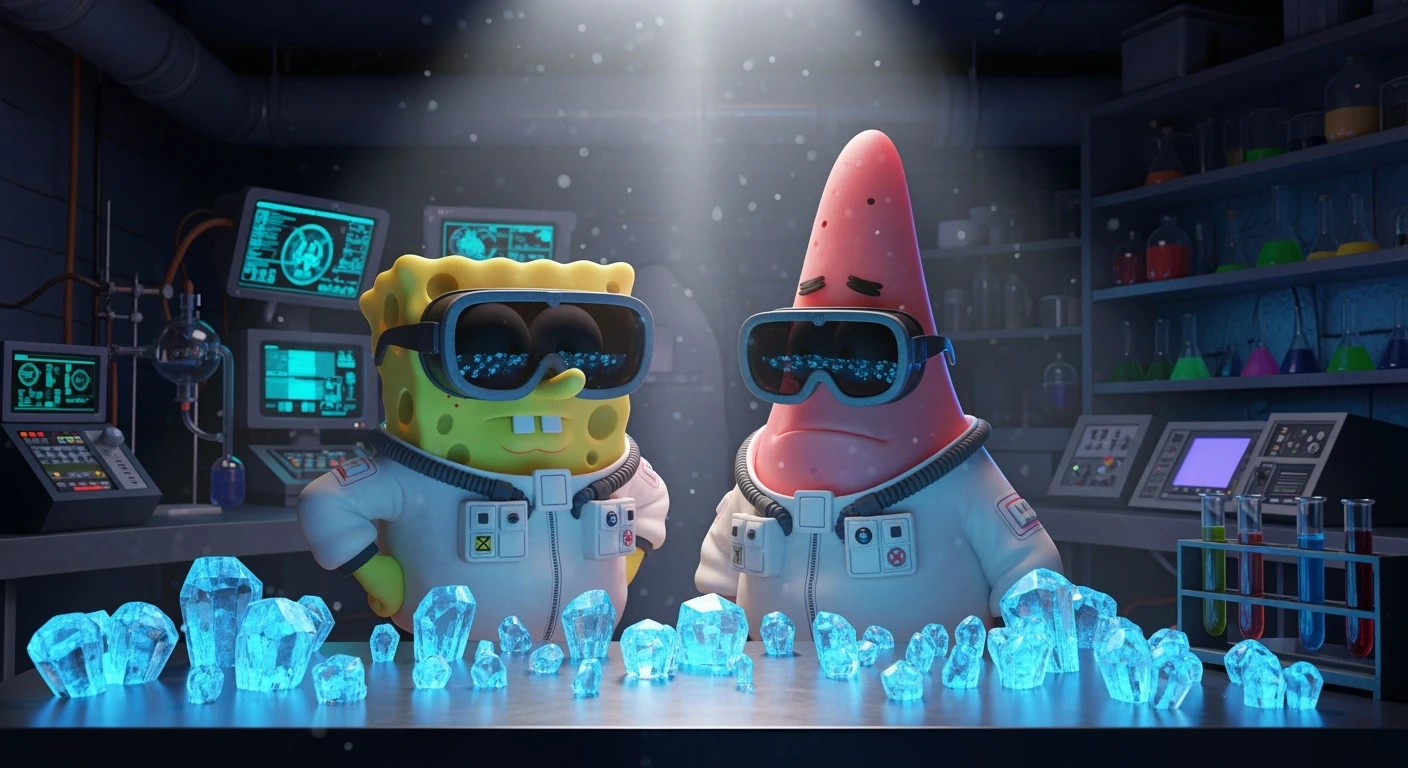 3D cienmatic cartoon shot, spongebob and patric dress in safety glasses and safe white outfit, the are standing front of table with blue crystals on table glowing (light source) science room in basement, back light, Cinema 4d render, proffesional lightning emoji
