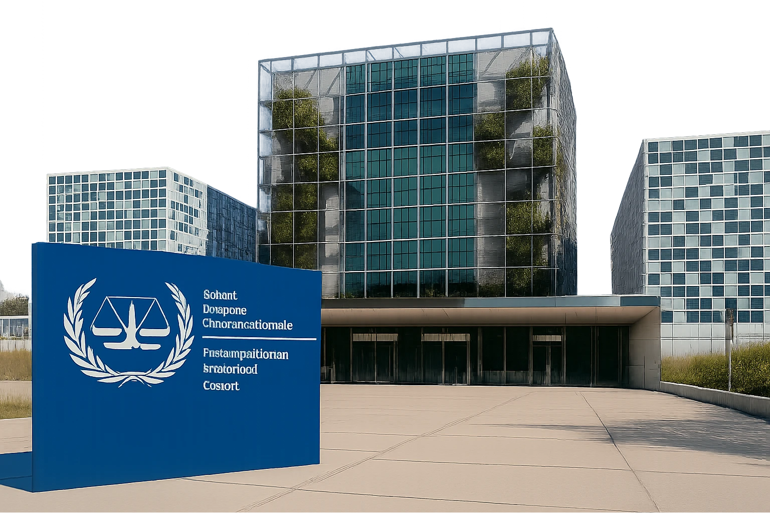 Zoom out slightly for a wider view of the same International Criminal Court (ICC) building in The Hague, keeping the exact same style, colors, lighting, and details. Show more of the building without changing anything else. Transparent background. emoji