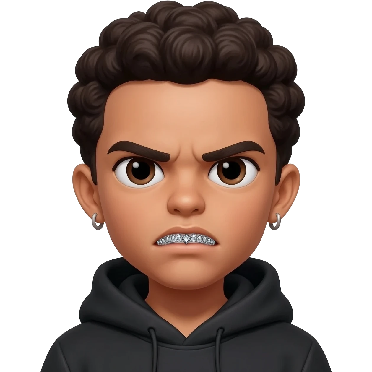 Hace un emoji de un chico color piel blanca cara seria, en los dientes unos grillz de diamante y un buzo negro emoji