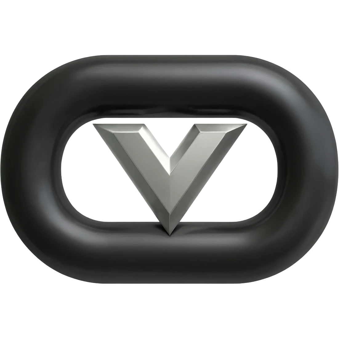 Minimalist 3D emoji based on image_e593fa.png: a single, thick chain link made of matte black steel. Engraved precisely in the center of the link is a sharp, polished chrome geometric 'M'. Isolated on white. emoji