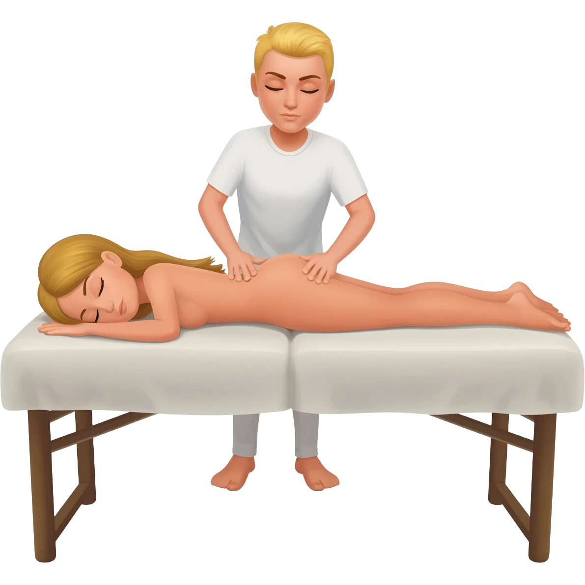 Blonde girl sleeping nude on massage table while hands massage her. emoji