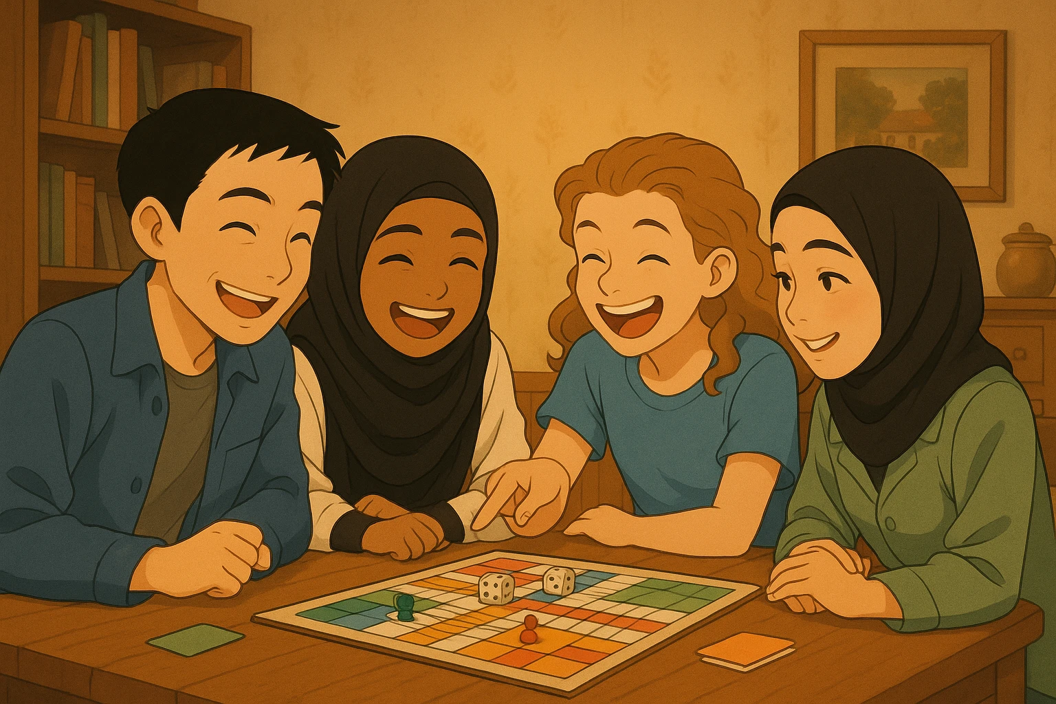 Four students in Ghibli style, playing a board game together, laughter and complicity, friendly atmosphere, cozy indoor setting. emoji