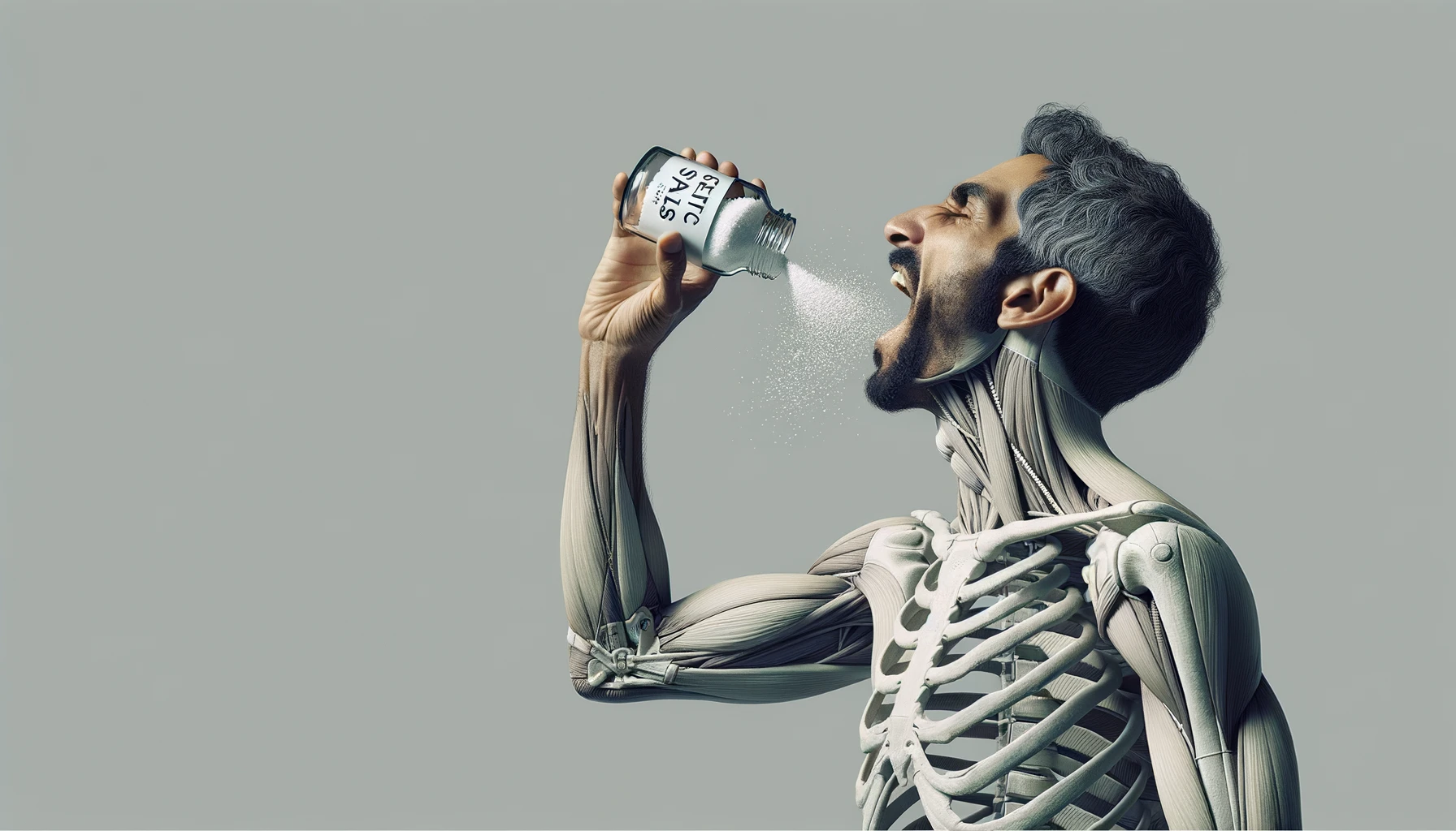 A REALISTIC ANATOMIC human body holding a jar with "CELTIC SALT" written on the label, he throws it in his mouth DURING BREAKFAST, NEUTRAL CLEAR BACKGROUND emoji