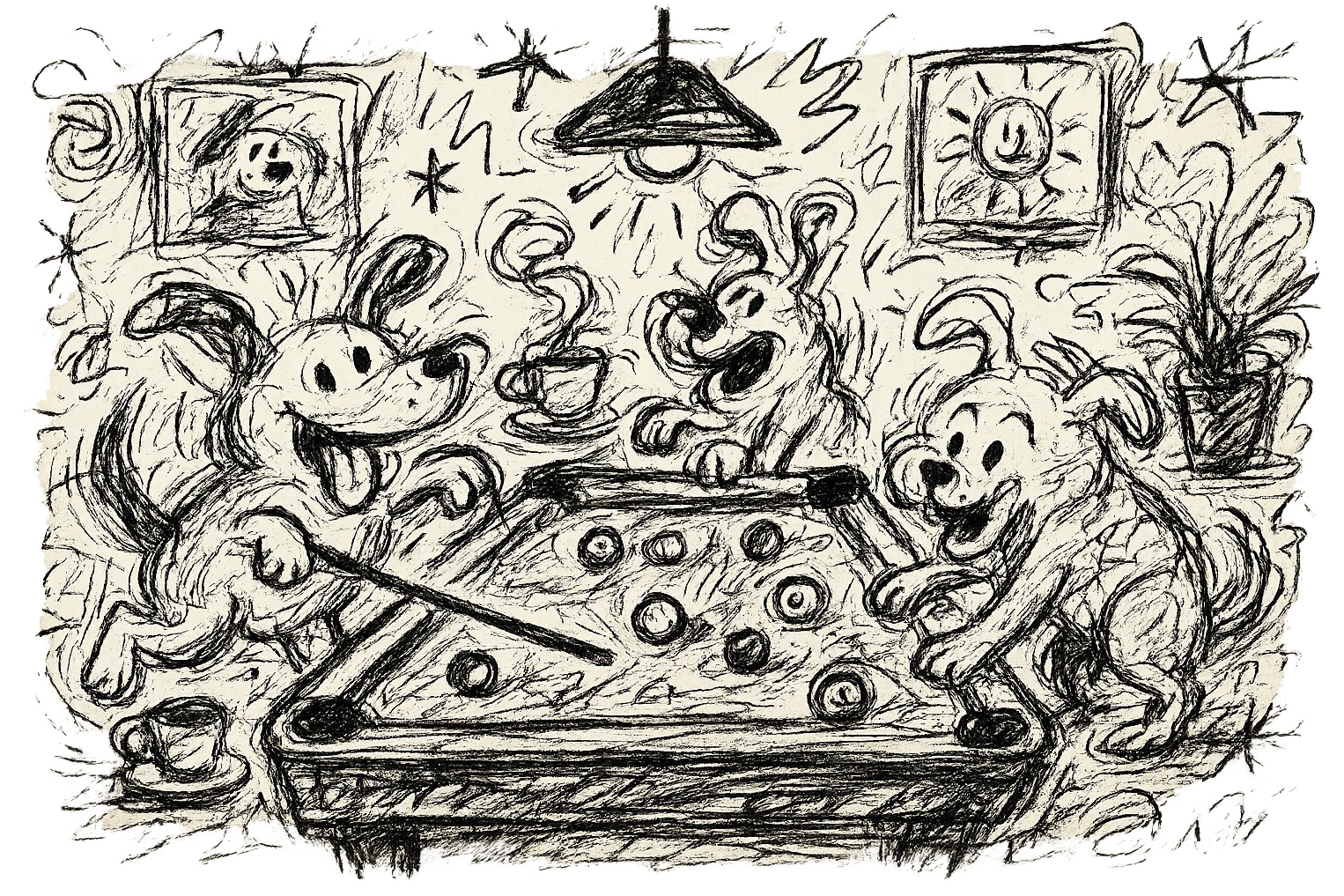 Create an illustration with very thick strokes, super cute and rounded characters, friendly expressions, simple details, and a cozy atmosphere. The scene depicts dogs playing pool in a bar with cozy elements like coffee cups, plants, and framed pictures on the wall. The style should be similar to Bobbie Goods drawings, ready for coloring with no color fill. emoji