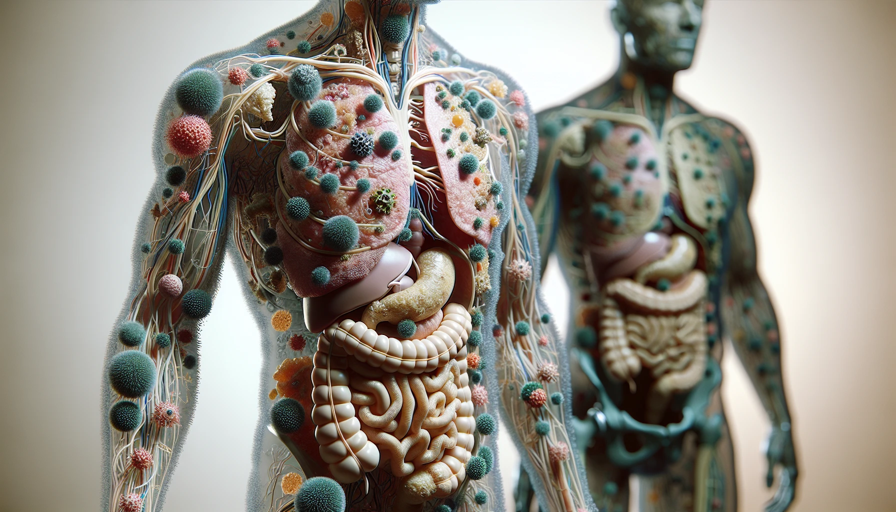corpo umano anatomico che accumula tossine e virus e malattie nel corpo , sfondo neutro chiaro, iperrealistico 4k emoji