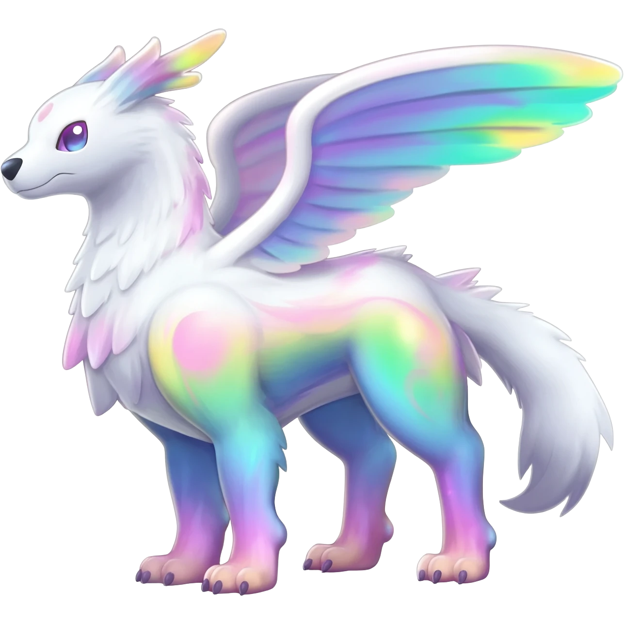 Colorful whitish pastelish luminescent angelic divine shiny sparkly glittery Gryphon-Trico-Sergal-Furret-Ferret-Wolverine-Vernid-fusion-Fakemon-animal-hybrid-creature, full body emoji