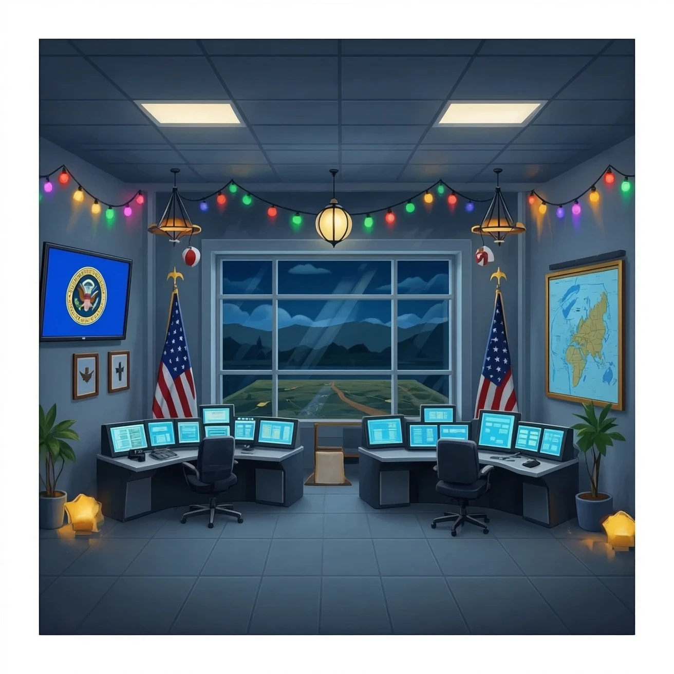 the United States pentagon turned into a war room/party pad emoji