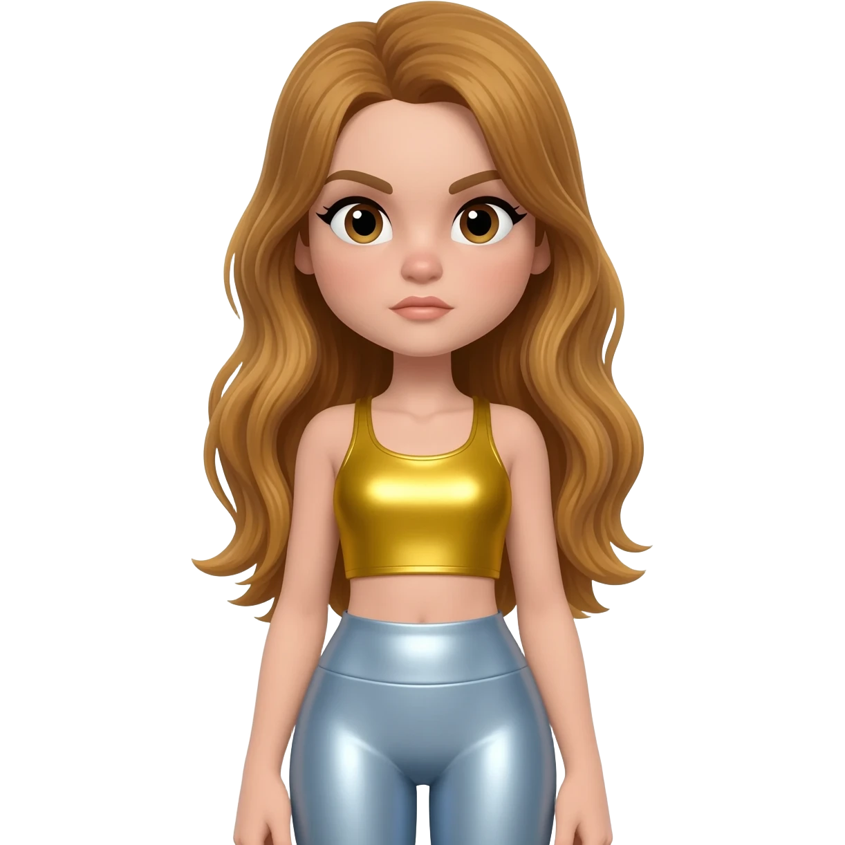 GloomyKassie with long golden brown hair, yellow metallic crop top, light blue metallic leggings emoji