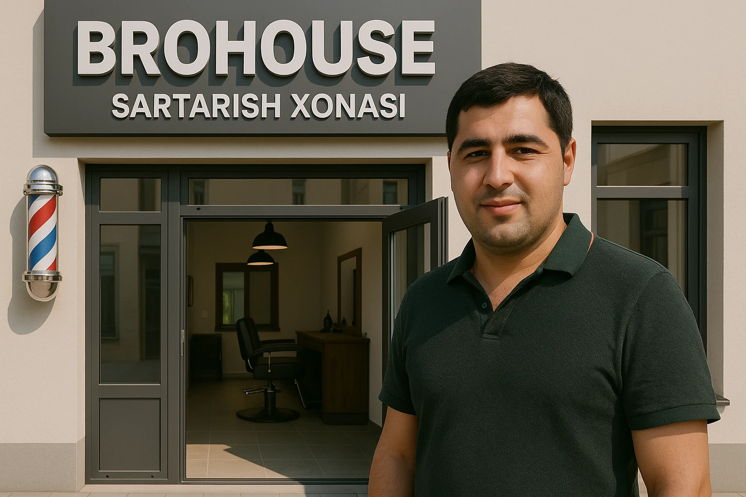 eni shu rasimga manashu odamga uxhshasin sartaosh eshik oldida tursin va tashqarida esa mijoz rasm esa 16 ga 9 bulsin 1920x1080 emoji