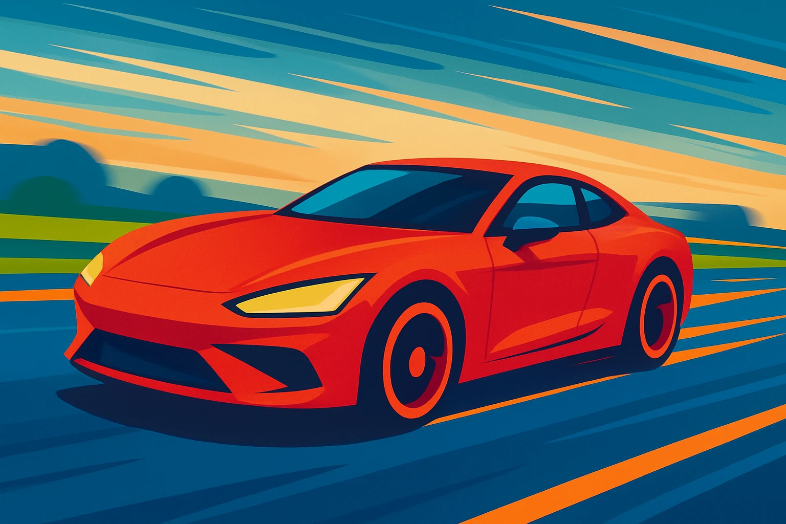 a car speeding on the road, sense of speed, dynamic motion, modern style, blurred landscape background, vibrant colors emoji