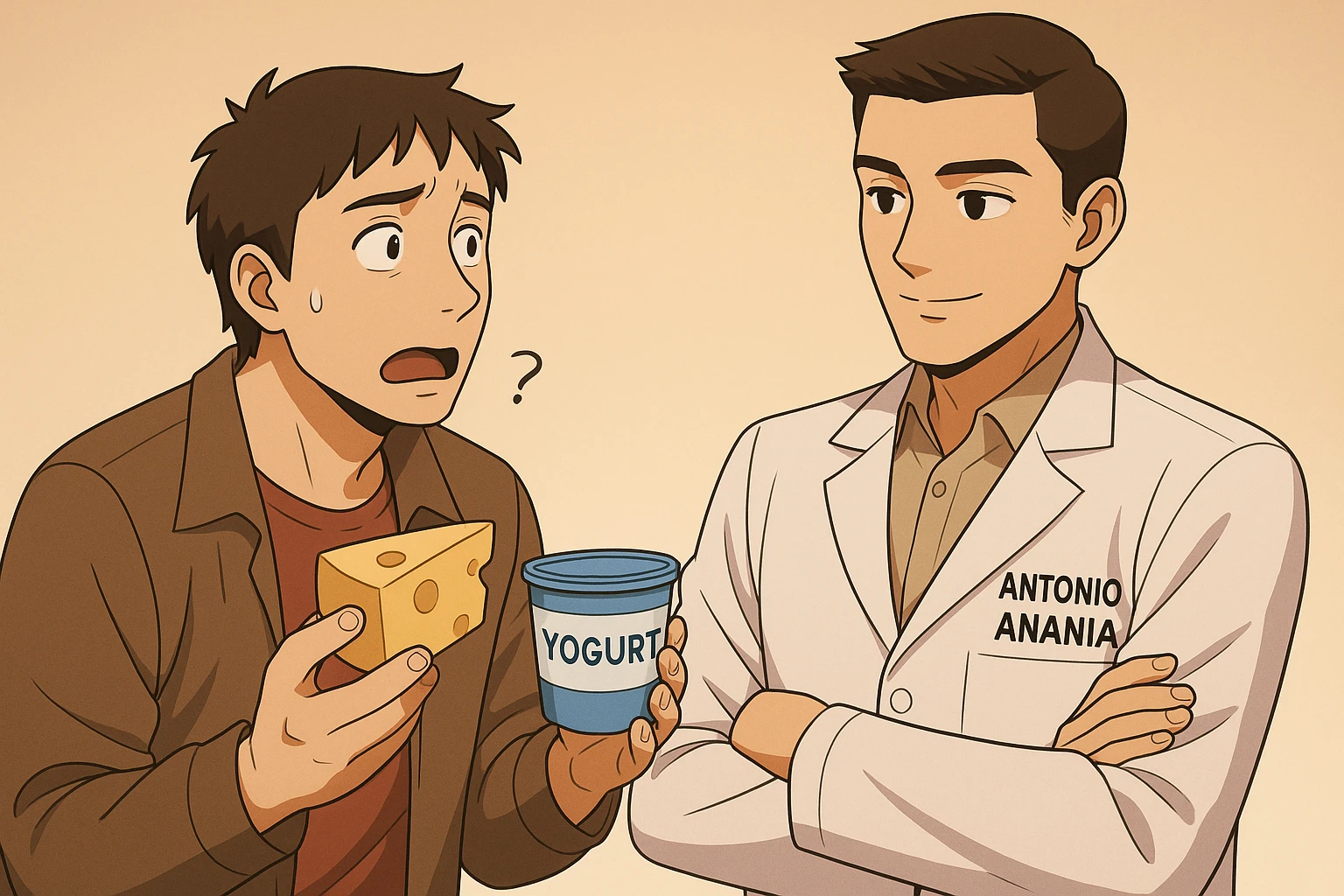 fai un webtoon manga a colori con questo stile, in cui un uomo fa una domanda al kinesiologo con il camice bianco (fagli anche la scritta "ANTONIO ANANIA" SUL CAMICE, l'uomo chiede una cosa mostrando un formaggio e uno yogurt al kinesiologo con il camice, IL KINESIOLOGO annuisce e SPIEGA ALL'UOMO UNA cos. L'UOMO ha un ESPRESSIONE CONFUSA IN VOLTO. non fare i fumetti però, fai solo in modo che sembri stiano parlando emoji