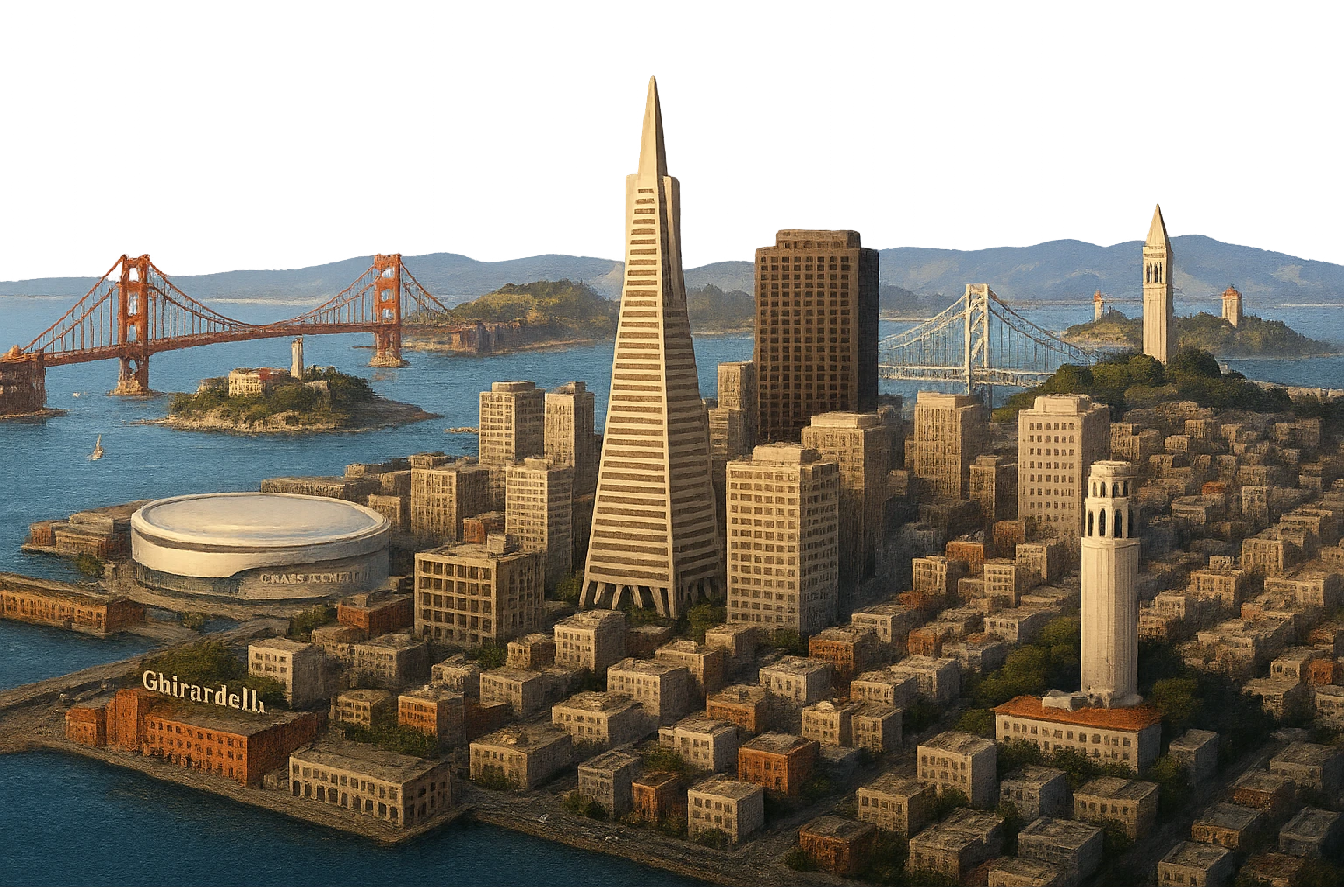 cinematic realistic emoji of San Francisco, wide city view featuring Golden Gate Bridge, Transamerica Pyramid, Chase Center, The Embarcadero, Ghirardelli Square, Alcatraz Island, Bay Bridge, Coit Tower, UC Berkeley belltower and Stanford Hoover Tower in the distance, lifelike detail, accurate colors, bright daytime lighting, no sky, no clouds, no city name label, transparent background emoji
