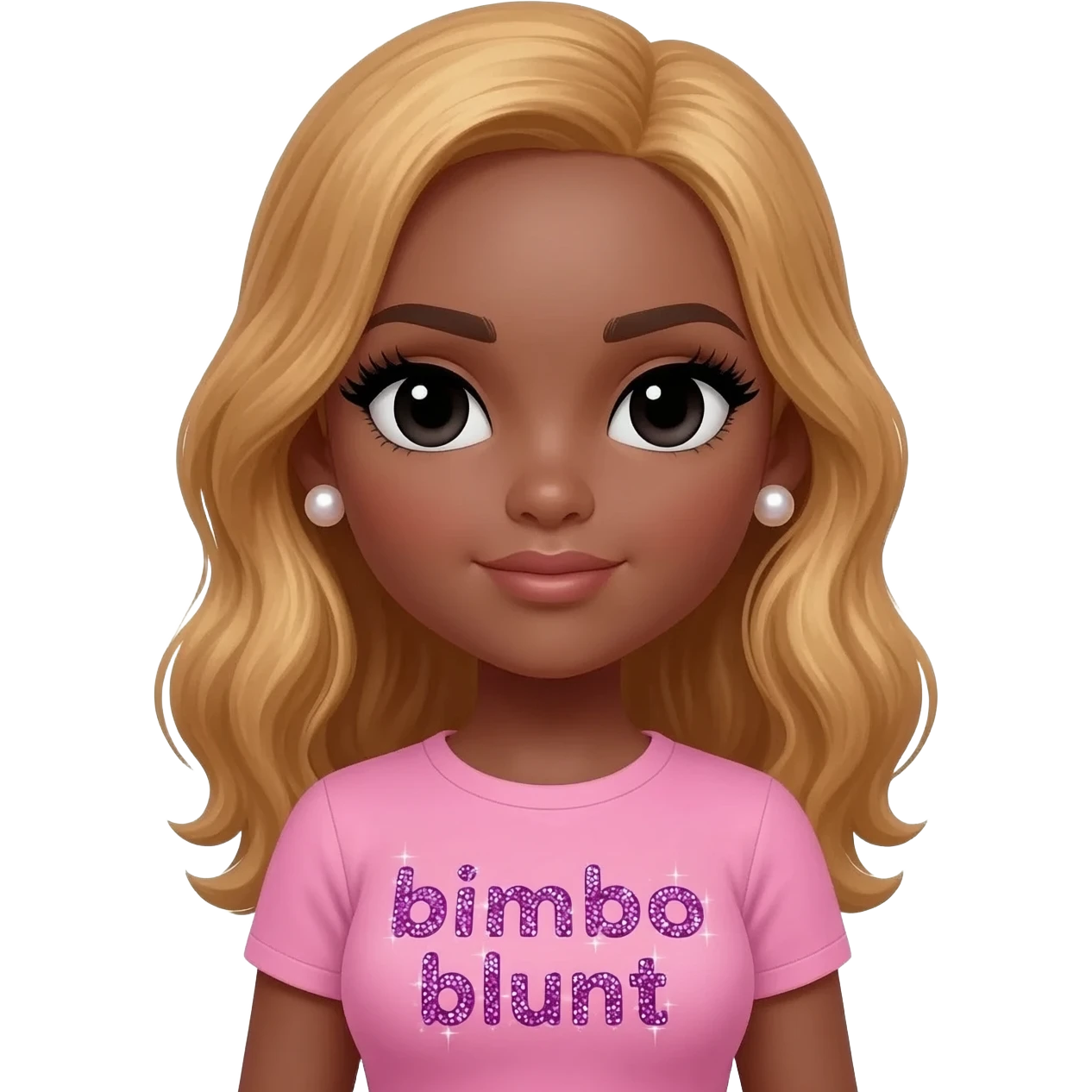 doll body , dark brown eyebrows, dark skin girl, pearl earrings stud, Long giant lashes, bimbo, black doll eyes, barbie, dark brown skin, with honey blonde hair, big breast, pink t shirt says on the sparkling text “bimbo blunt” emoji