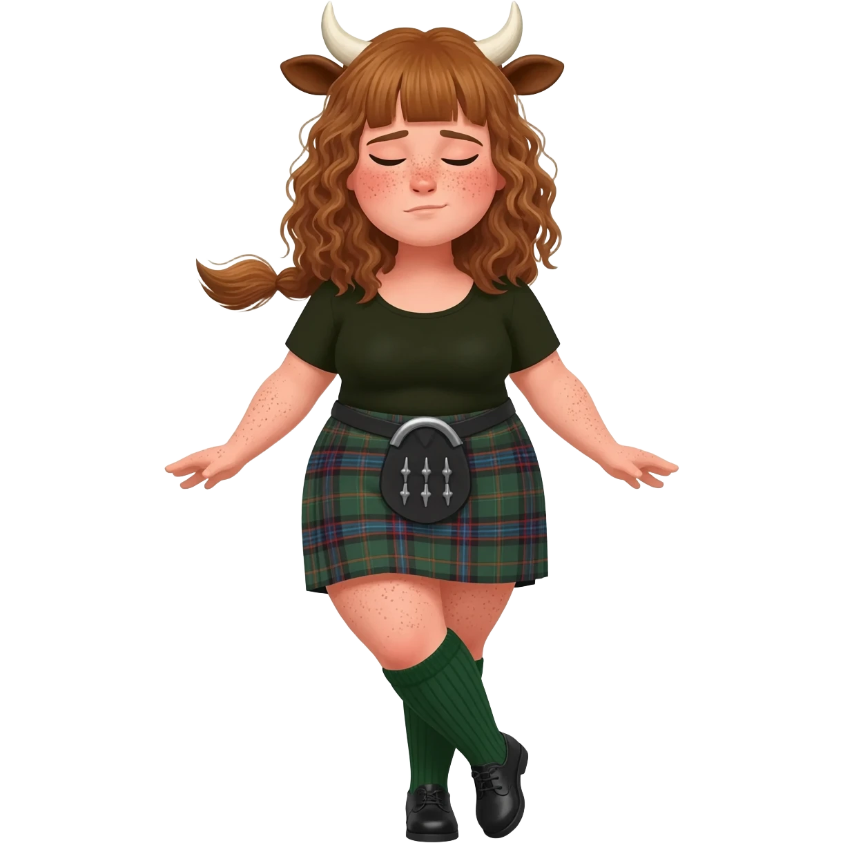 buff curly woman with frecles with light brown messy hair with straight bangs covering her eyes with brown cow tail with strong fat thights with cow horns and cow brown ears with big butt in a short scottish kilt and with knee socks and shoes stands with crossed legs emoji