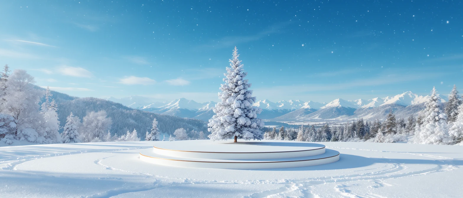 Cinematic still of a winter landcape, sunny day, white circle stage on middle, snowy,christmas tree in snow, in background we can see beautifull snowy landscape, soft light, symmetrical, day, captured on arri alexa --no curtains emoji
