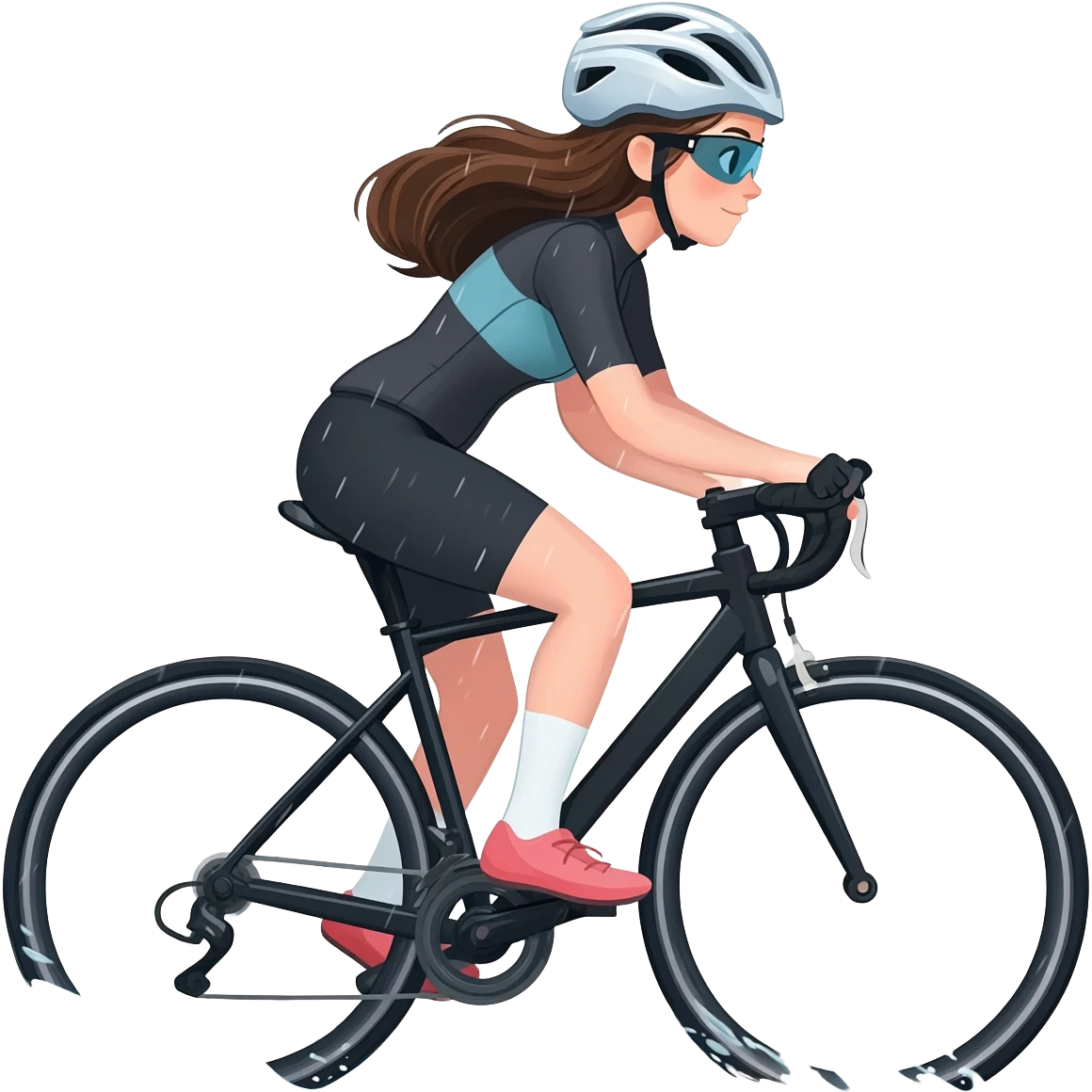 Brunette girl cycling and splashing through rain emoji