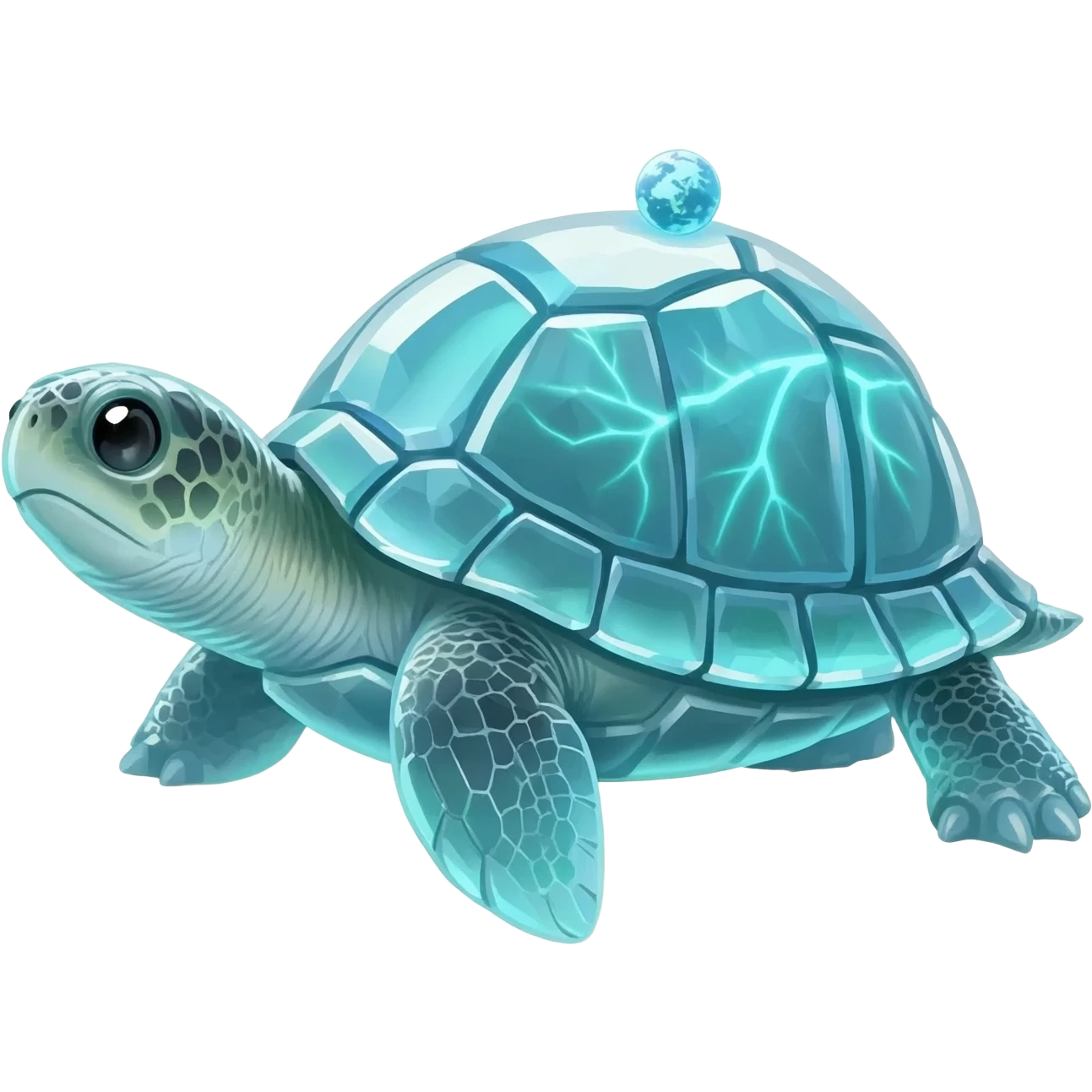 21. massive crystal turtle carrying a tiny glowing world emoji