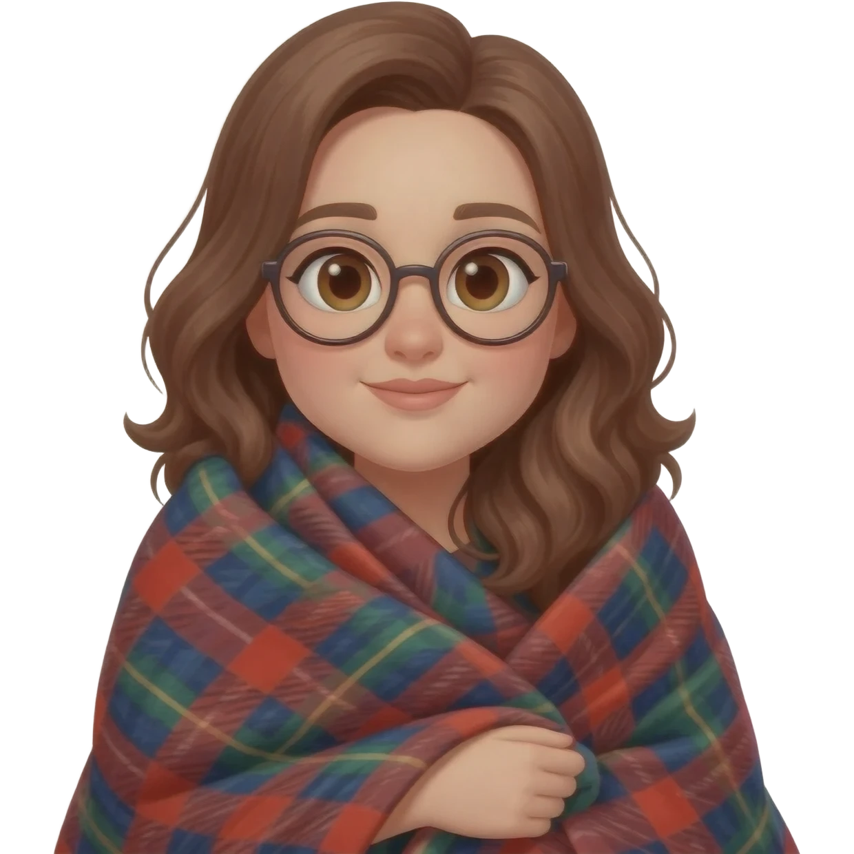 detailed emoji illustration of a curvy woman with long chestnut brown wavy hair, big light brown eyes and round glasses, wrapped in a cozy plaid blanket with Scottish tartan pattern, calm peaceful expression, cute emoji style emoji