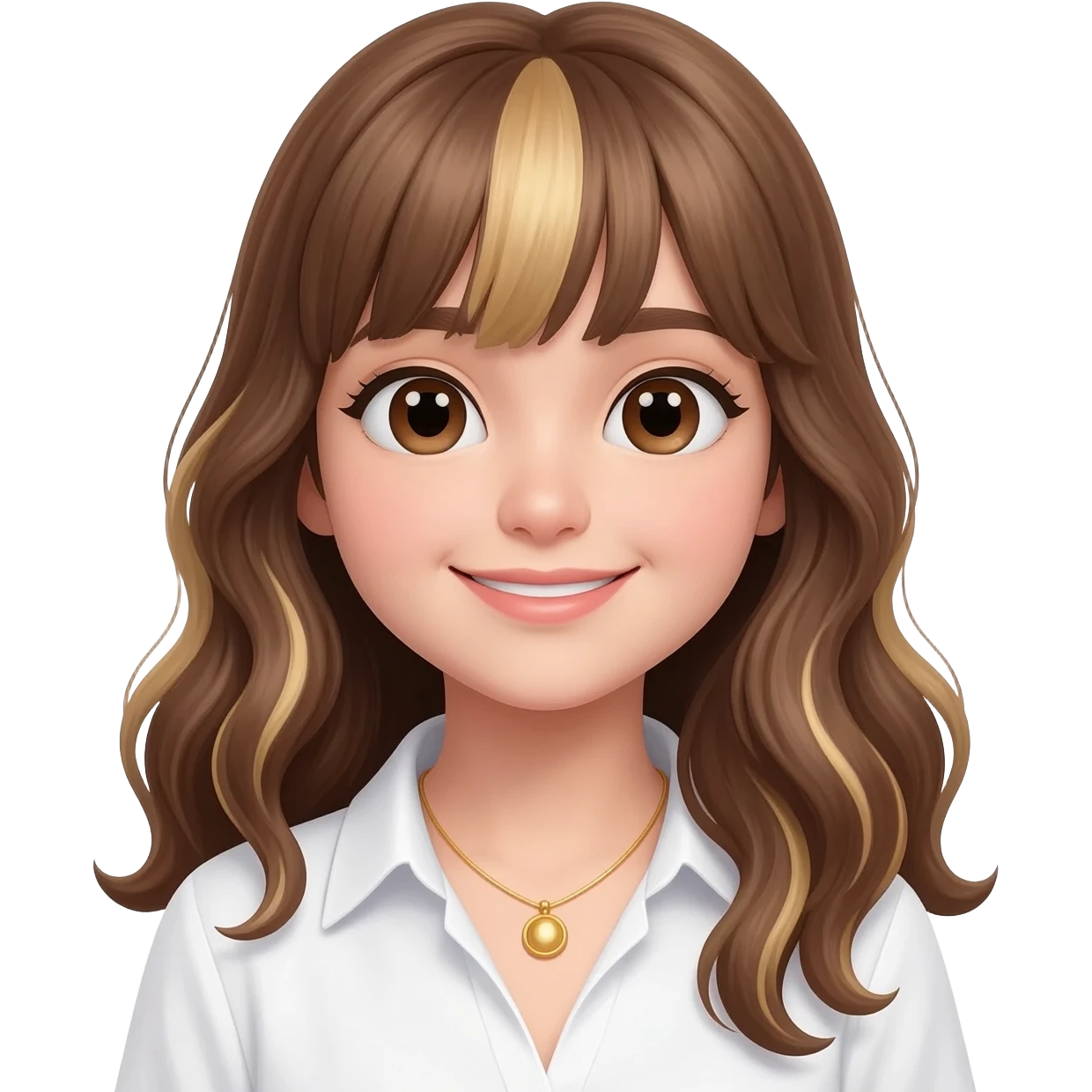 a girl with long lenght brown wavy long hairs with bangs and blonde tones to the ends. big eyes and soft features and with t feaa sincere smile, and the head slightly to the side. outfit is white shirt witha golden necklace emoji