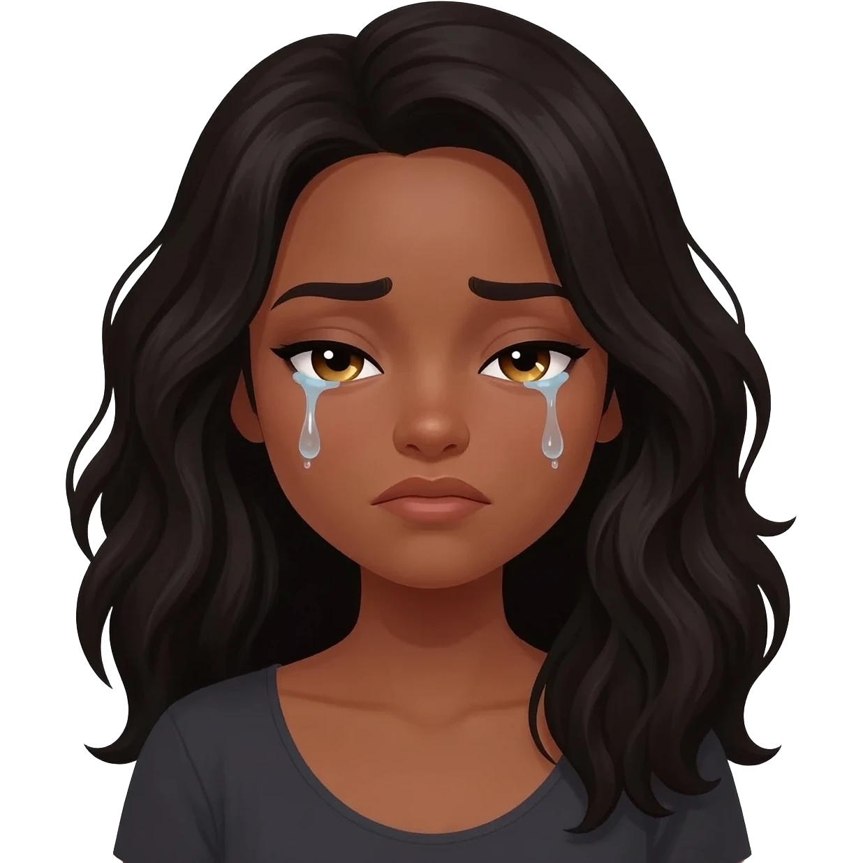 She has brown skin, long wavy black hair, and golden-brown eyes.She has a very sad expression crying with downcast eyes and a slight frown. emoji