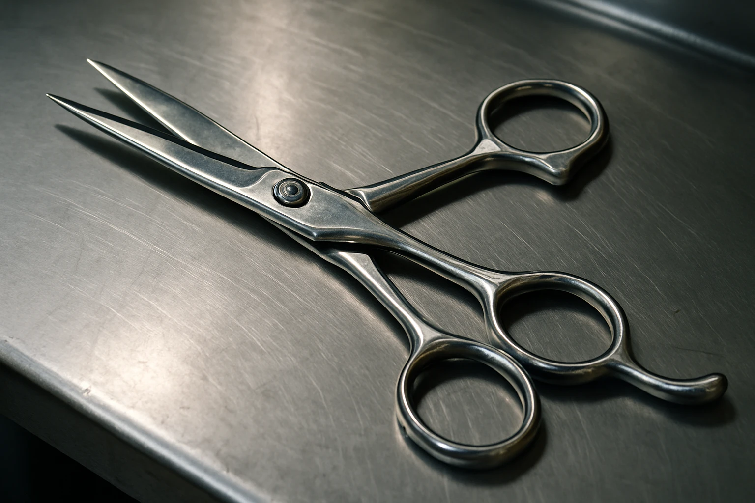 A set of professional barber scissors lies on a stainless steel workbench, gleaming under the bright lights. The blades are sharp and precise, with smooth handles showing signs of frequent use, ready for the next cut emoji