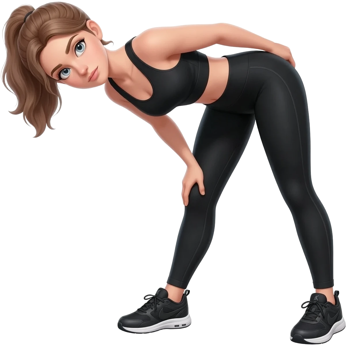 standing side bend, fair-skinned woman, light gray-blue eyes, ash brown brows, ash light brown hair tied back, slim athletic body, black workout set, black sneakers with white soles emoji