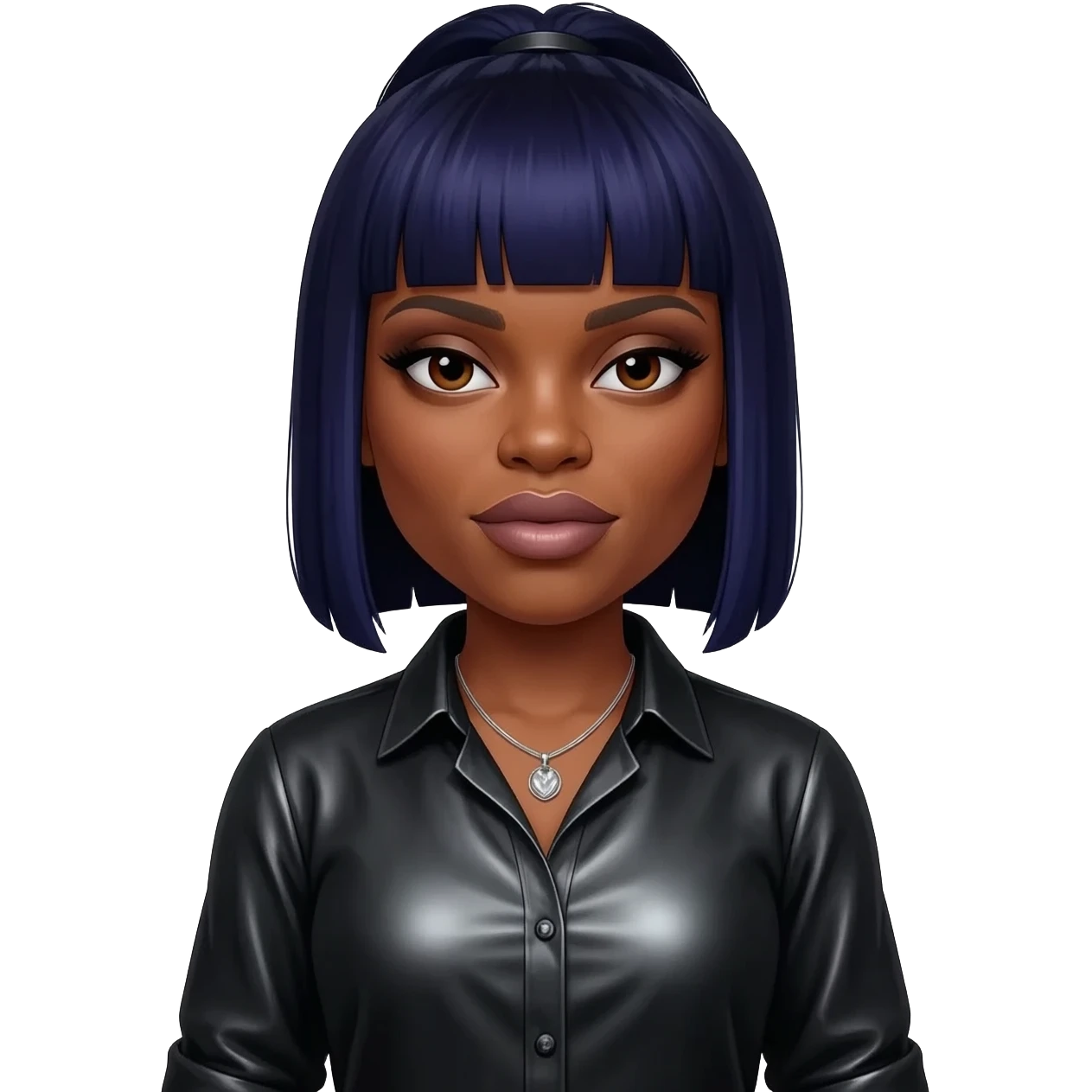 Missy Elliott with brown eyes, dark indigo hair, black metallic shirt, silver necklace emoji