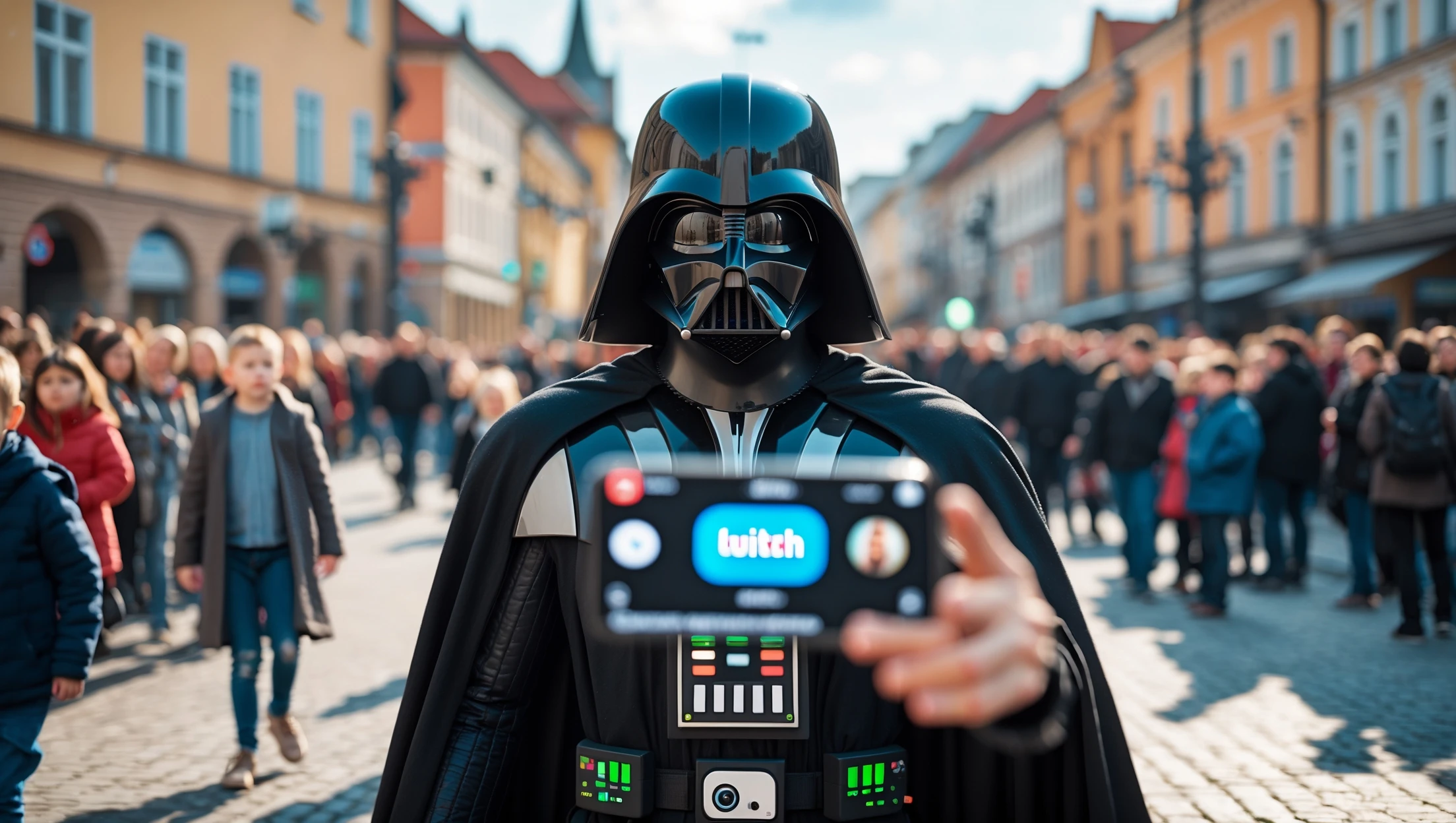 Cinematic still of a darth vader walk through poznan city down town, sunny day, crowd of baby yoadas around him, he is live streaming on twitch, we can see twitch chat ui, selfie camera holding in hand front camera emoji