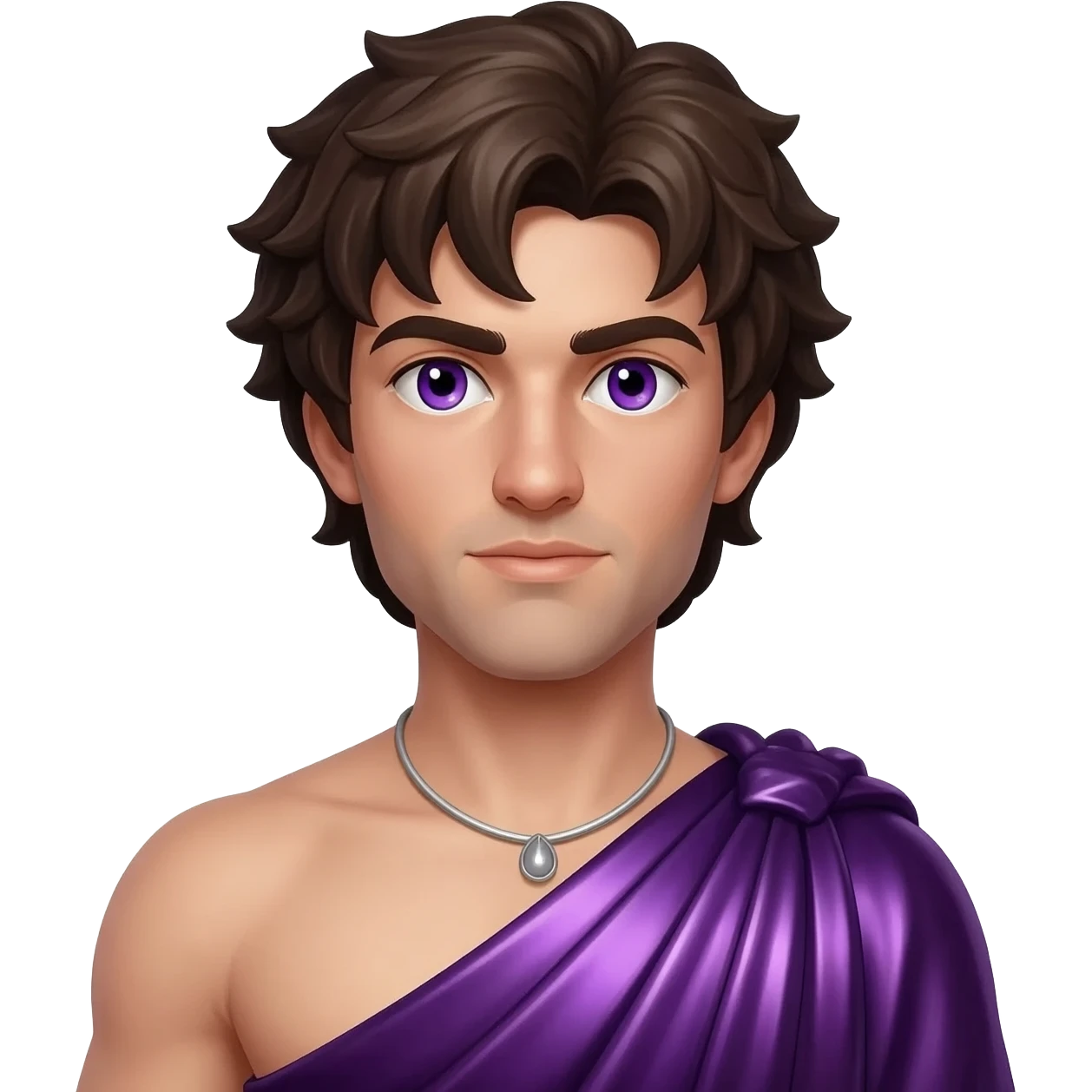 Dionysus from Greek Mythology with purple eyes, dark brown hair, deep purple metallic toga, silver necklace emoji