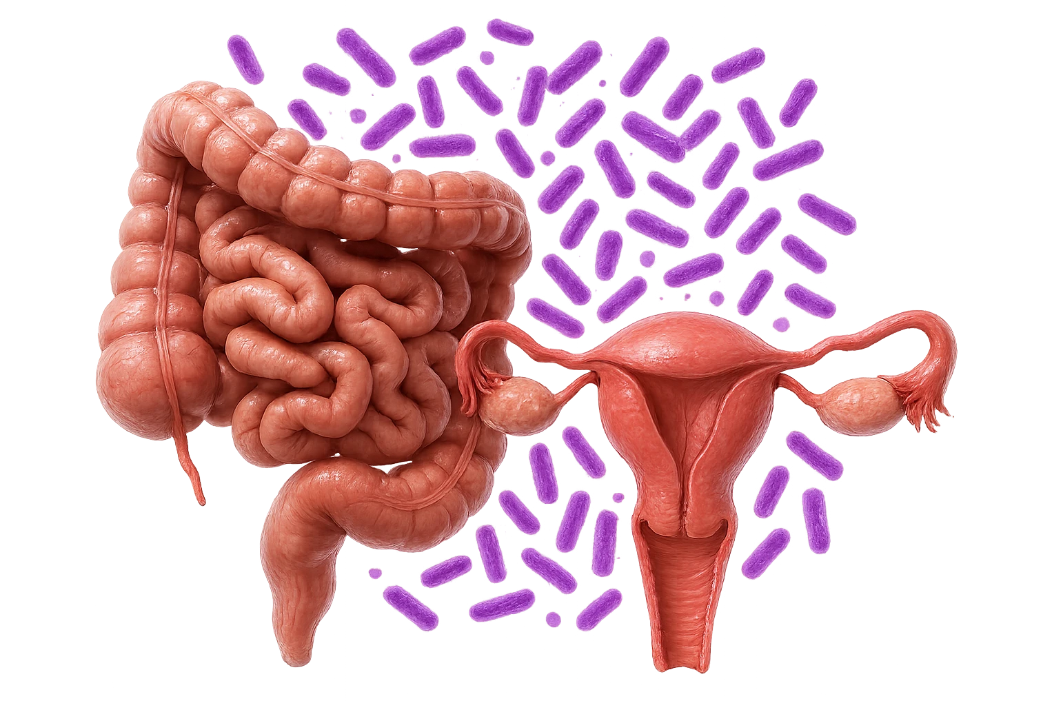 intestino umano anatomico realistico accanto ad un utero umano anatomico realistico, dietro i due organi fluttuano batteri intestinali con questo colore: #971ef1, iperrealistico 4k
isolata su sfondo bianco emoji