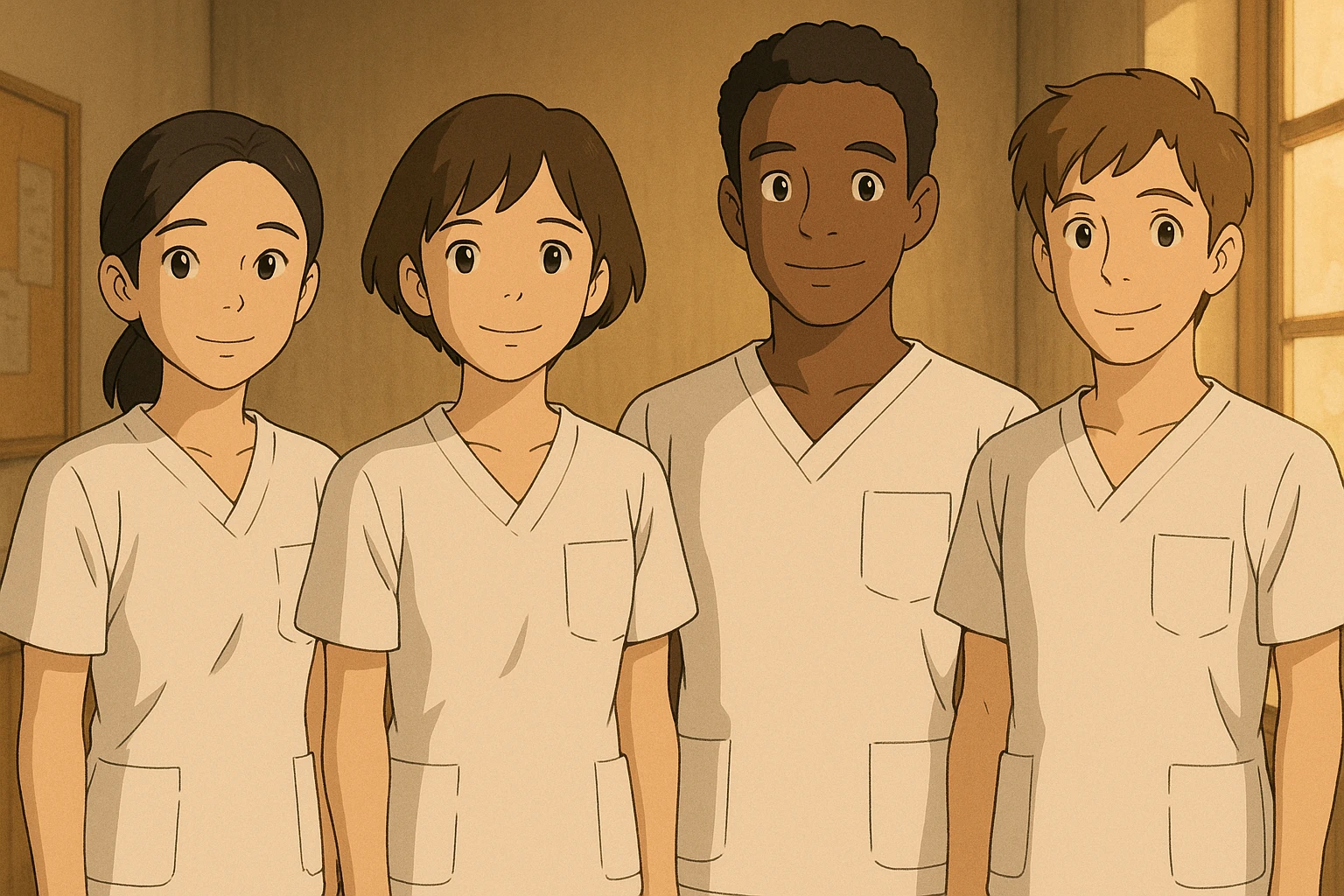 Four nursing students standing side by side, inspired by four referenced faces, in Ghibli style, wearing short-sleeved white medical uniforms without collars, no undershirts or stethoscopes. The tops are medical tunics with V-neck collars and a left chest pocket. Warm indoor ambiance. emoji