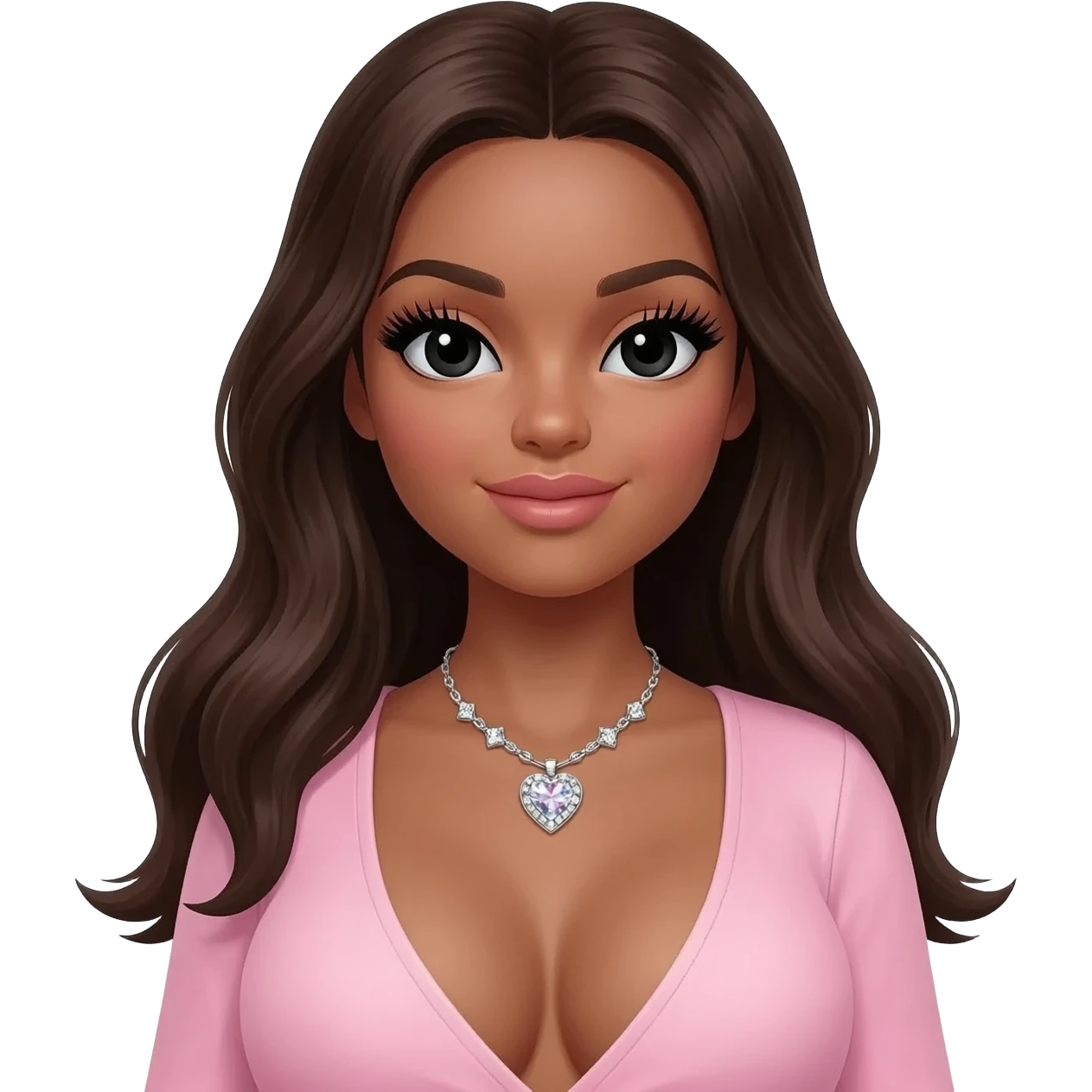 Long giant lashes, Doll faced shaped,swarovski with  heart Rhodium plated necklace, bimbo, black doll eyes, barbie, dark brown skin with long dark brown hair, light pink, big breast emoji