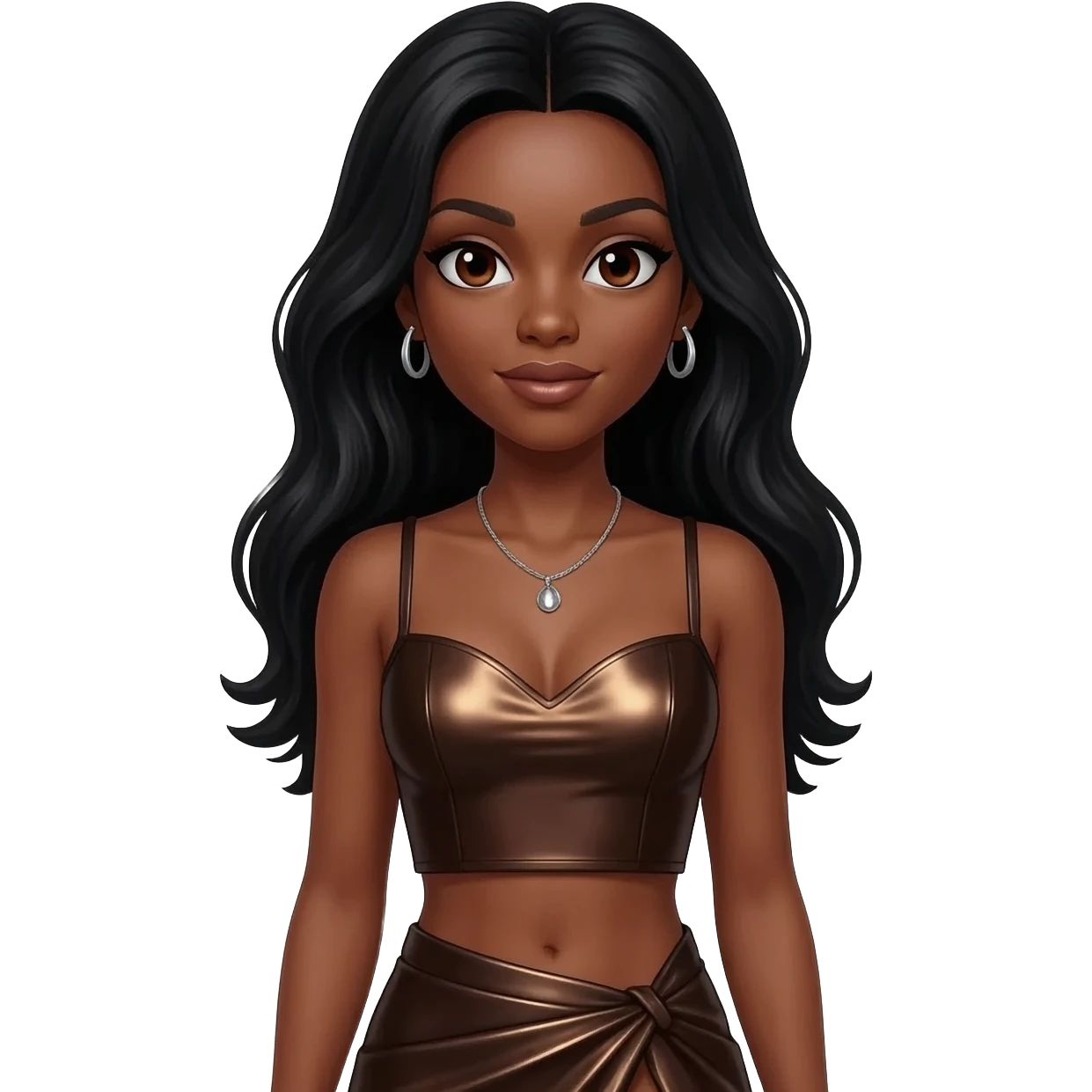 Brandy Norwood with dark brown eyes, long black hair, dark brown metallic sweetheart crop top, dark brown metallic asymmetrical skirt, silver necklace and earrings emoji