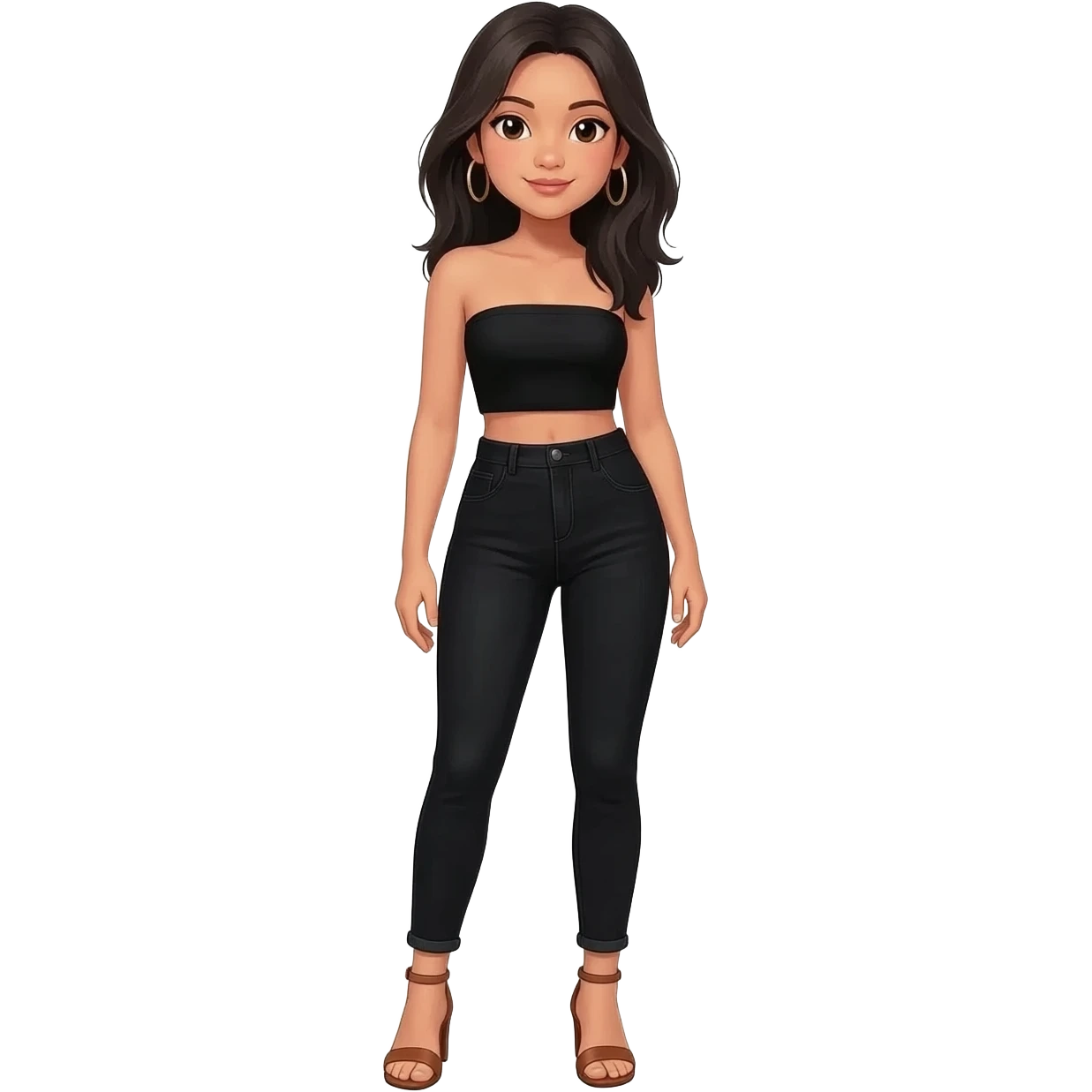 Filipino girl black bra strapless top and high waisted black jeans  with feet stand straight body wear  high heels sandals brown stand straight emoji