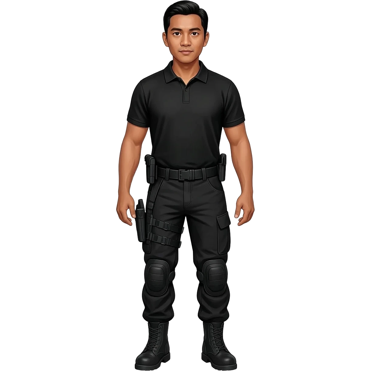 Filipino man black polo shirt and black fatigue combat pants with holster belt and black combat boots emoji
