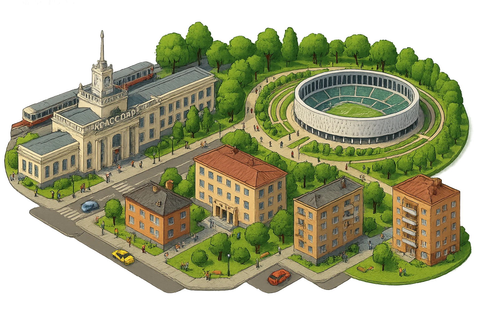 Изометричная миниатюрная фотореалистичная 3D модель панорамы Краснодара - вокзал Краснодар, КубГМУ, парк Краснодар со стадионом, краснодарские дома, автотранспорт четкие линии, яркие цвета, мультяшный реализм, люди, автотранспорт, компактная композиция, вид сверху в изометрии, прозрачный фон emoji