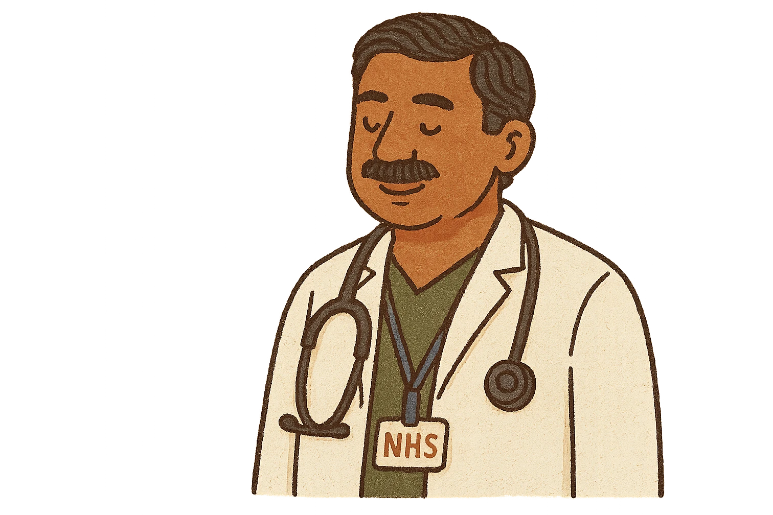 A caring middle aged indian male doctor with a stethoscope with a lanyard badge which reads 'NHS' He is standing emoji