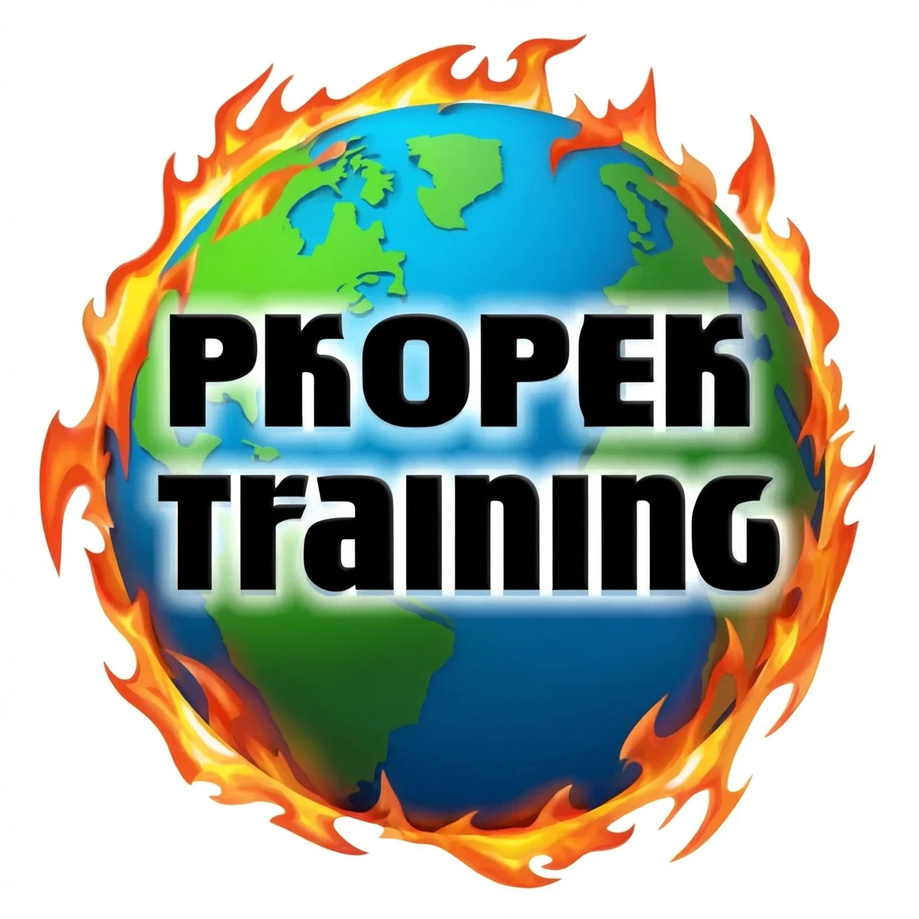 a blue burning planet with "Proper Training" written in black letters on it, just the planet, no background emoji