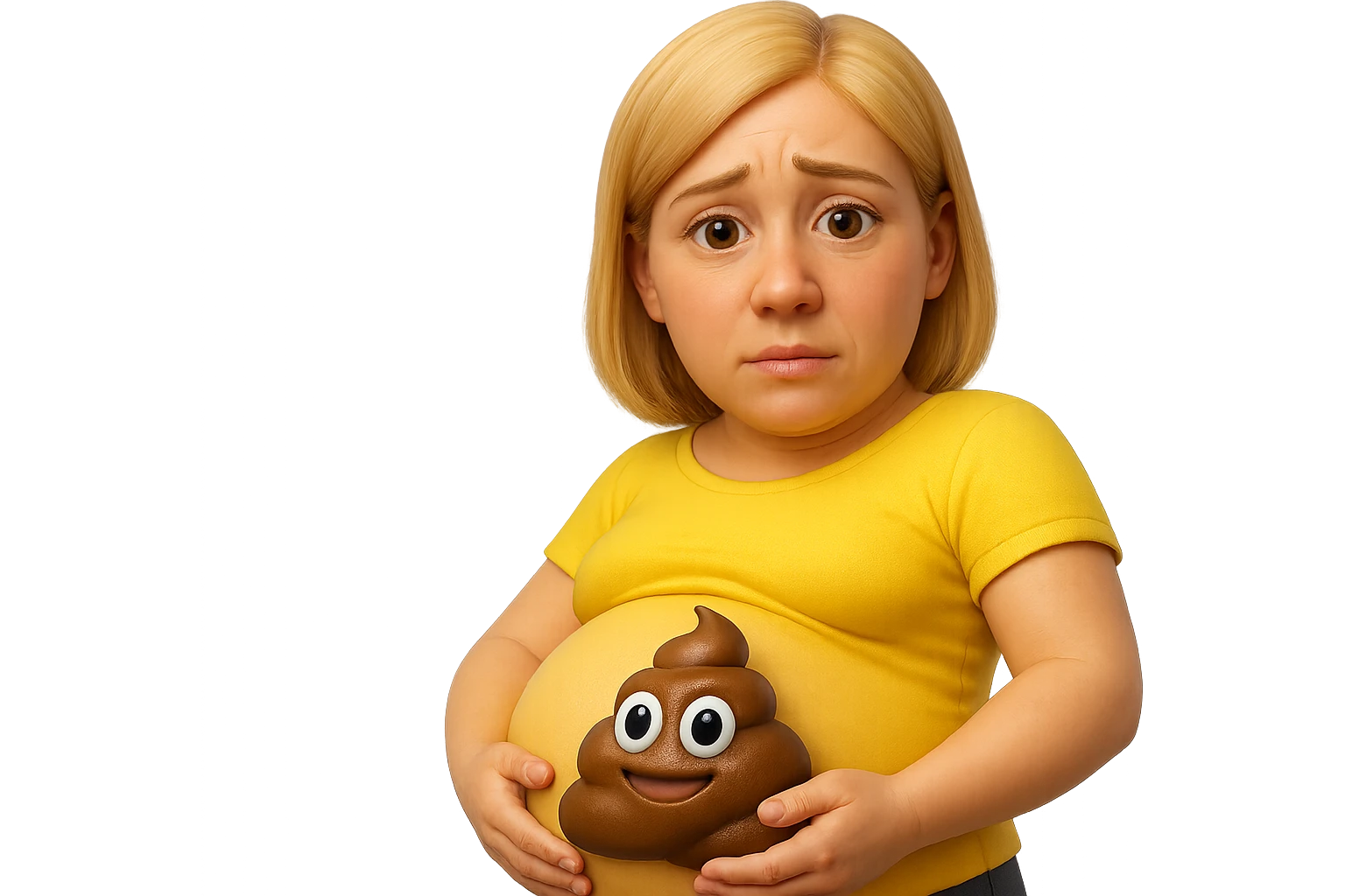 emoji stile iphone di una donna con pancia gonfia piena di cacche con gli occhi, iperrealistico 4k emoji