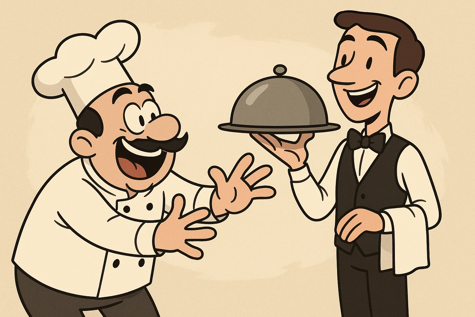 a hungry chef reaching toward a waiter with a tray, both smiling, minimal background emoji