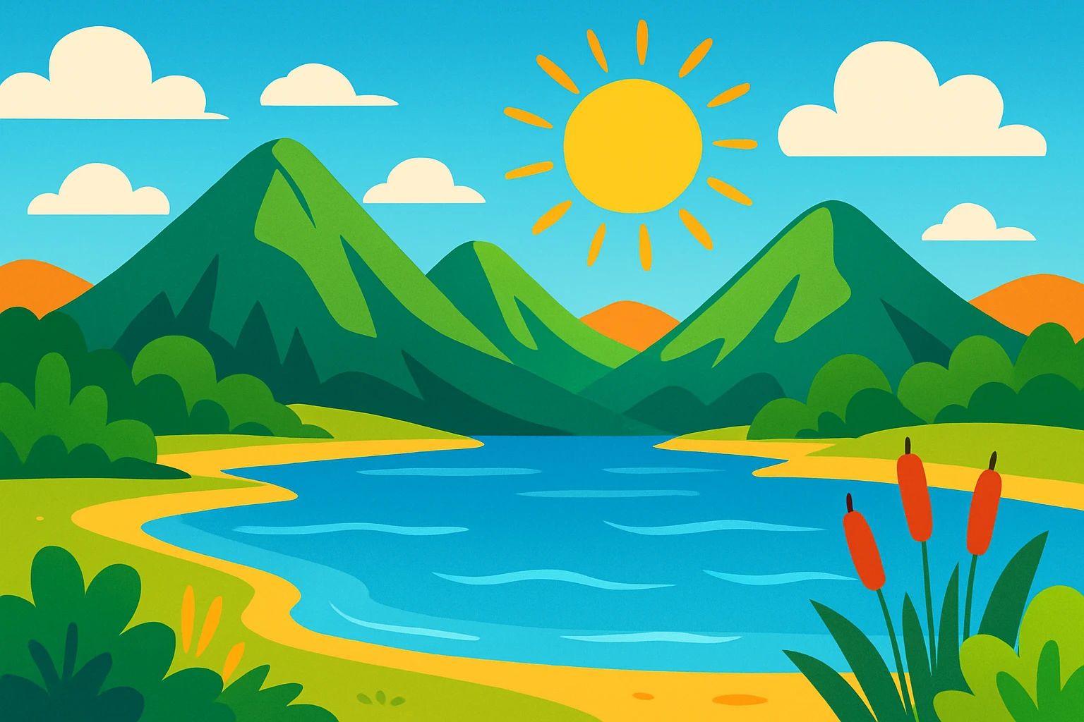 Summer landscape with a lake, mountains in the background, and a bright sun, vibrant and colorful emoji