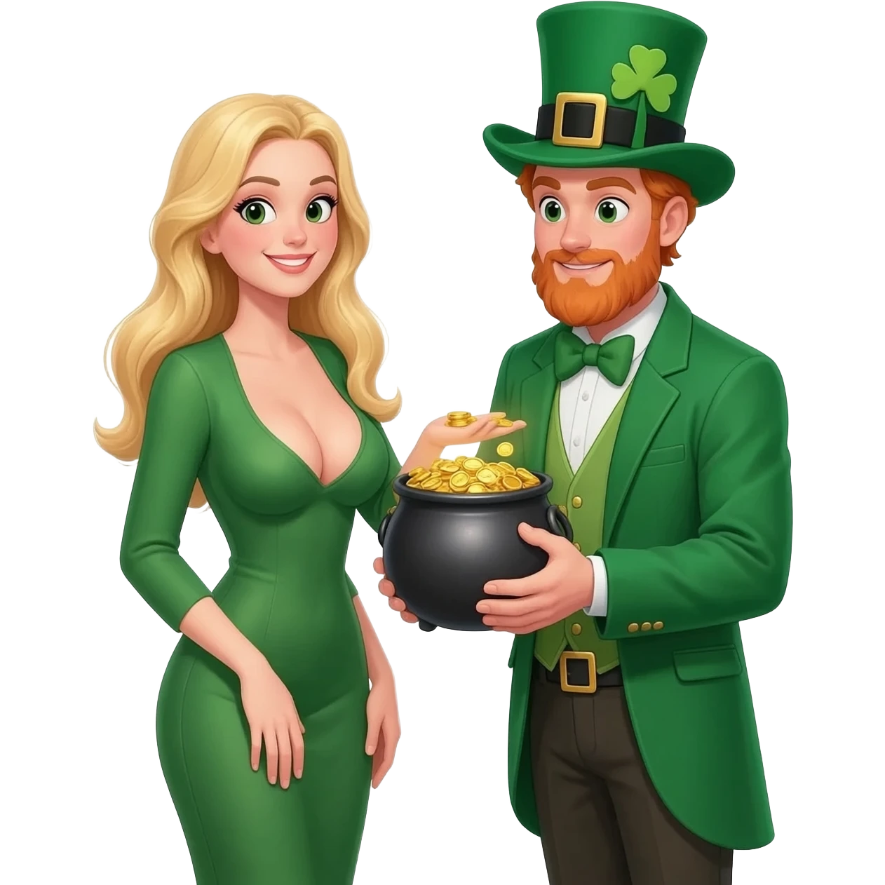Guy gives girl pot of gold he's handsome and dressed in leprechaun costume.  She's a hott blonde w big boobs emoji