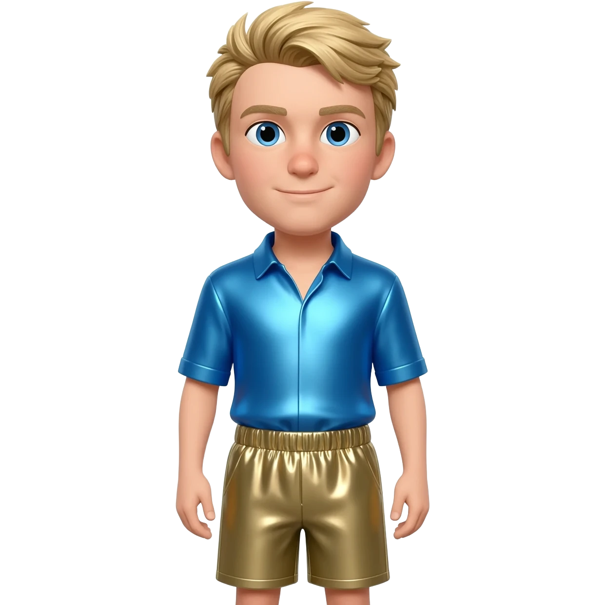 Martin Kratt with blue eyes, sandy blonde hair, periwinkle blue metallic shirt, khaki metallic baggy shorts emoji