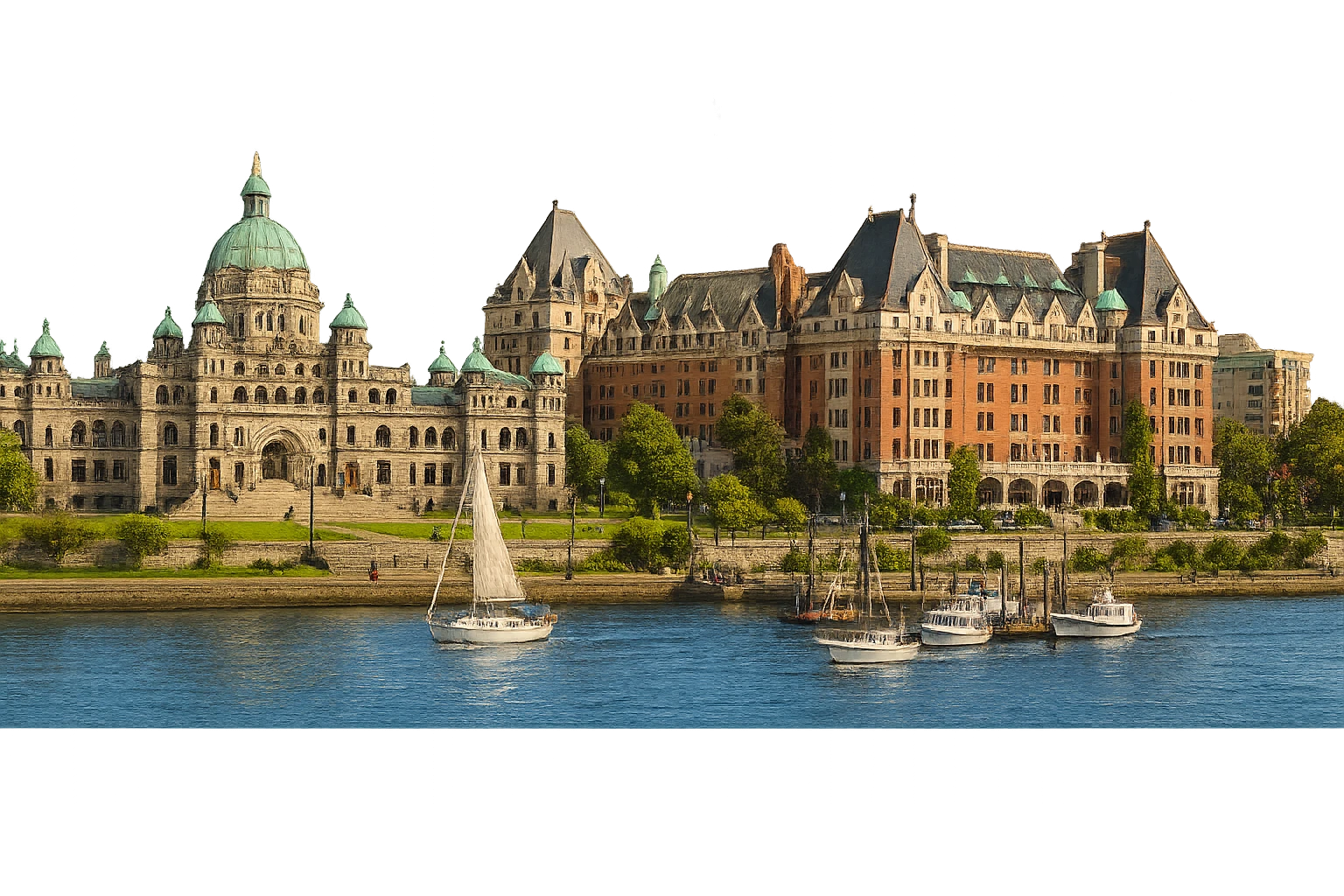 cinematic, realistic emoji of Victoria, BC skyline featuring iconic landmarks such as the British Columbia Parliament Buildings, the Fairmont Empress Hotel, and the Inner Harbour, lifelike detail, accurate colors, bright lighting, wide city view emoji