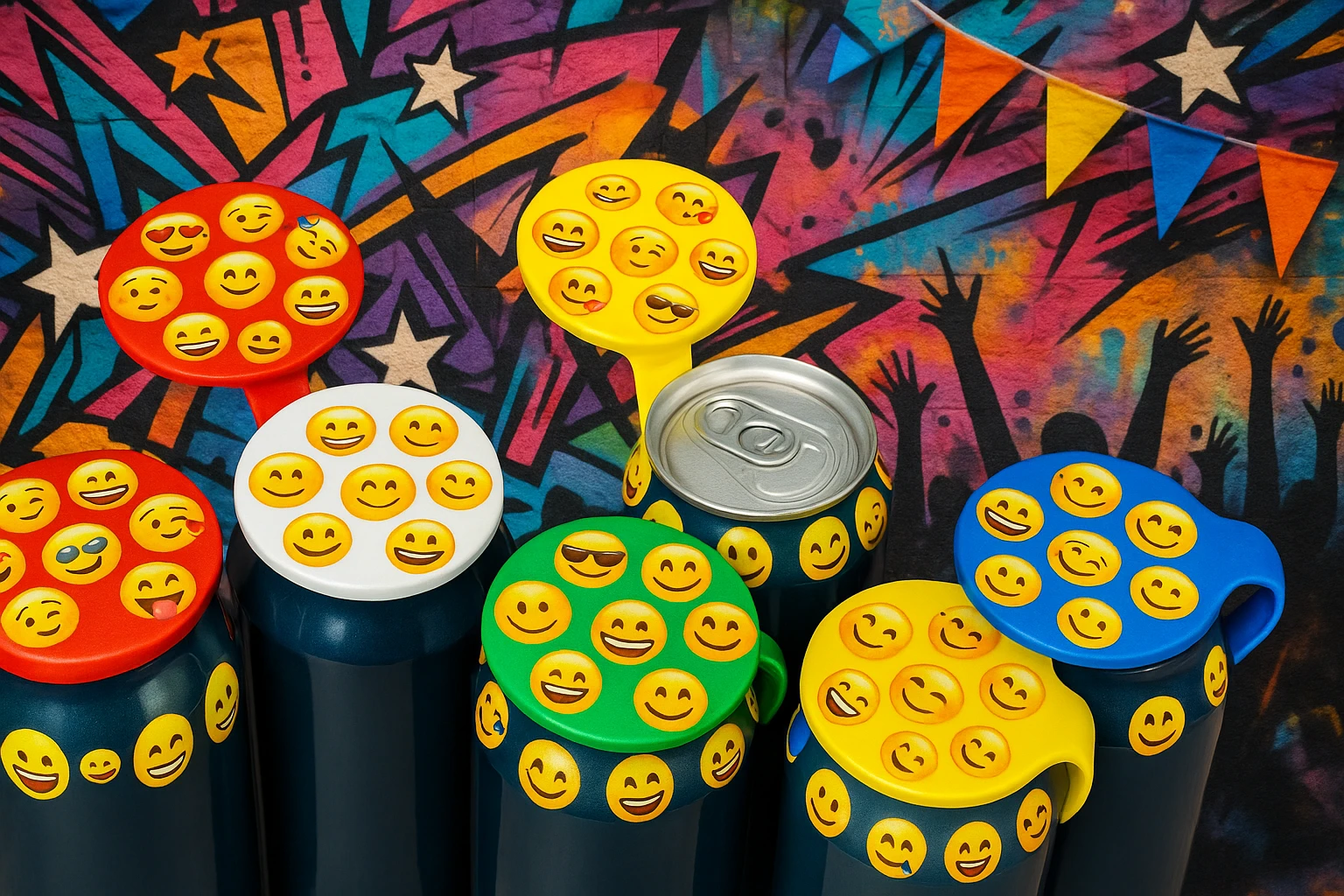 Rakj a kupakokra emoji-kat, smiley-kat, megváltoztathatod a háttereket. valósághű legyen a kép, 1920x1080px méretű legyen. fiatal, dinamikusfotókat készíts! csak a kupak külső részére rakj mintát! emoji