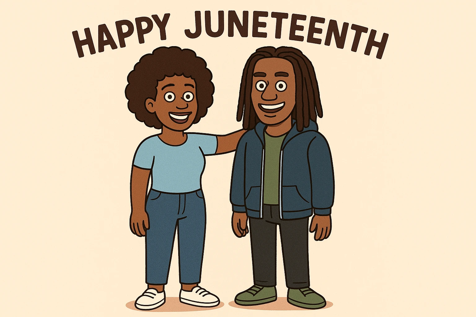 A woman Kinky hair light blue shirt blue jeans white shoes boy Dreadlocks dark brown hair green shuts navy blue zip up hoodie black jeans green shoes Bob Marley Vanessa Nakate Mae Jemison Happy JUNETEENTH emoji